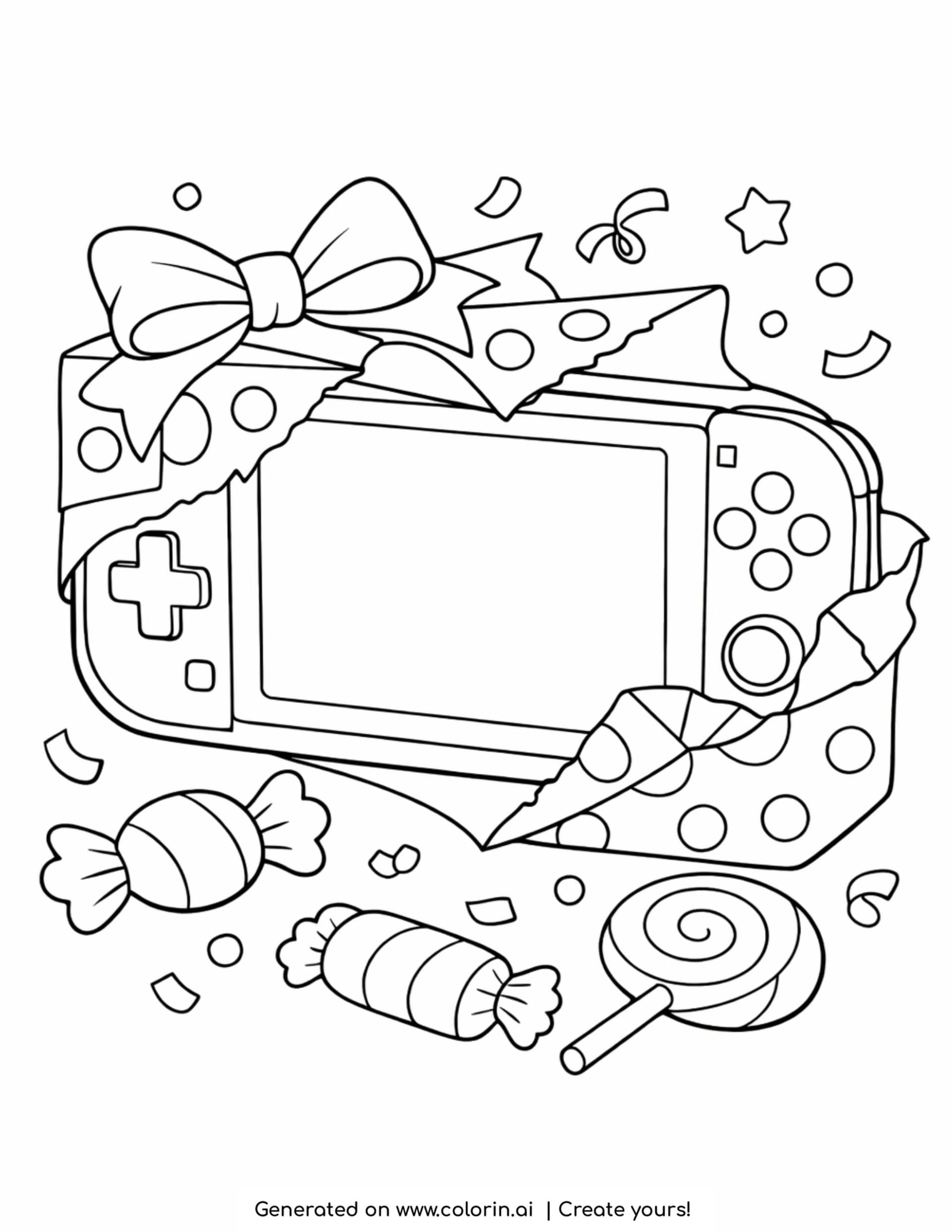 handheld game console with candies coloring page with gift wrap and confetti