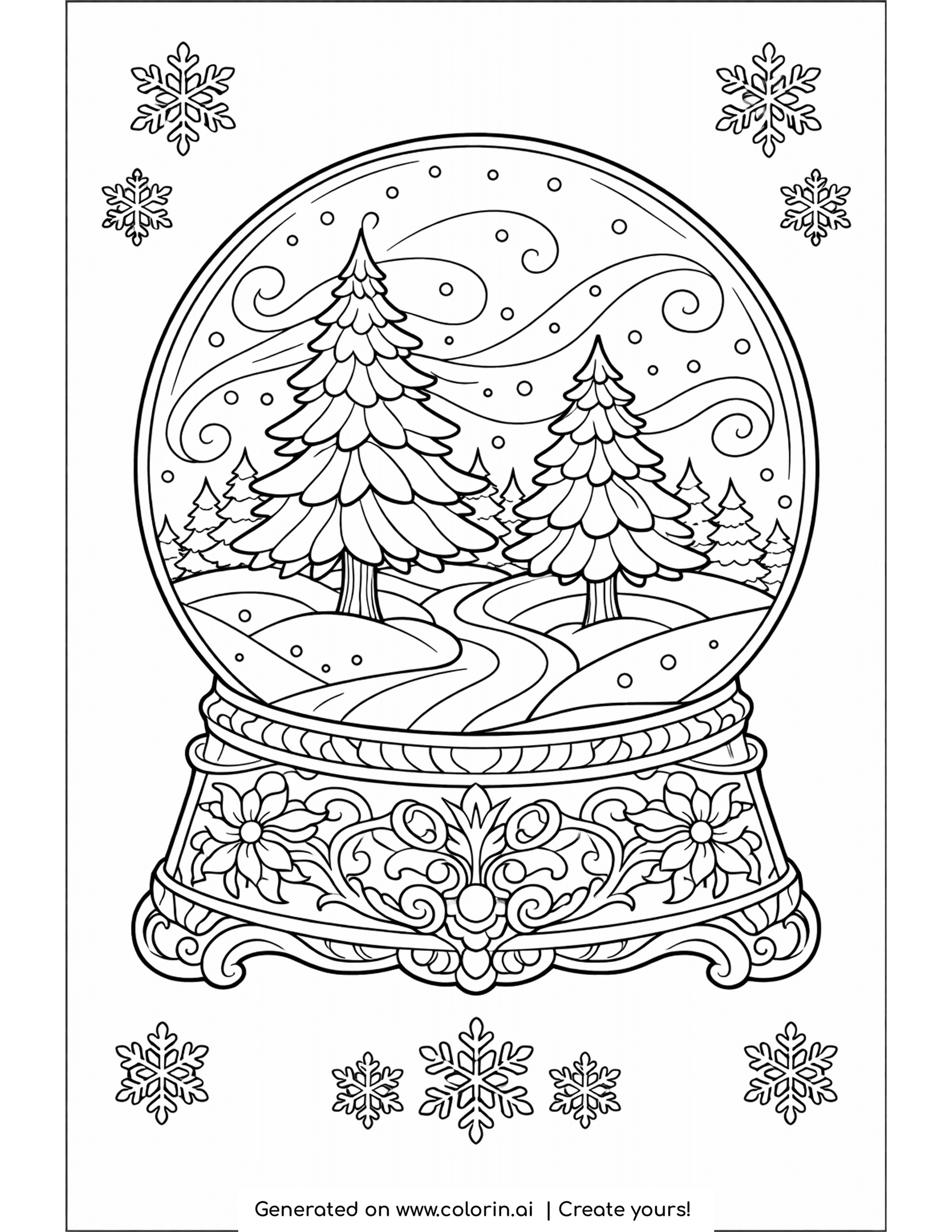 snow globe coloring pages, a snow globe holding a small pine forest on an ornate base