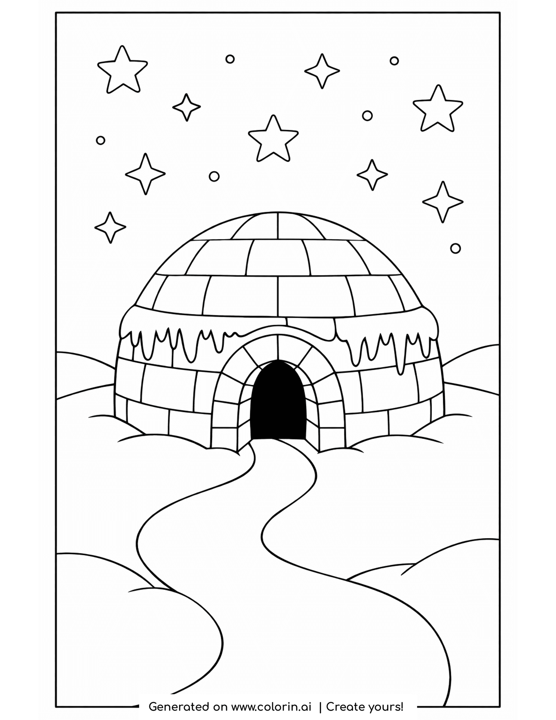 igloo coloring pages, a domed igloo with a lit entrance and a path under a starry sky