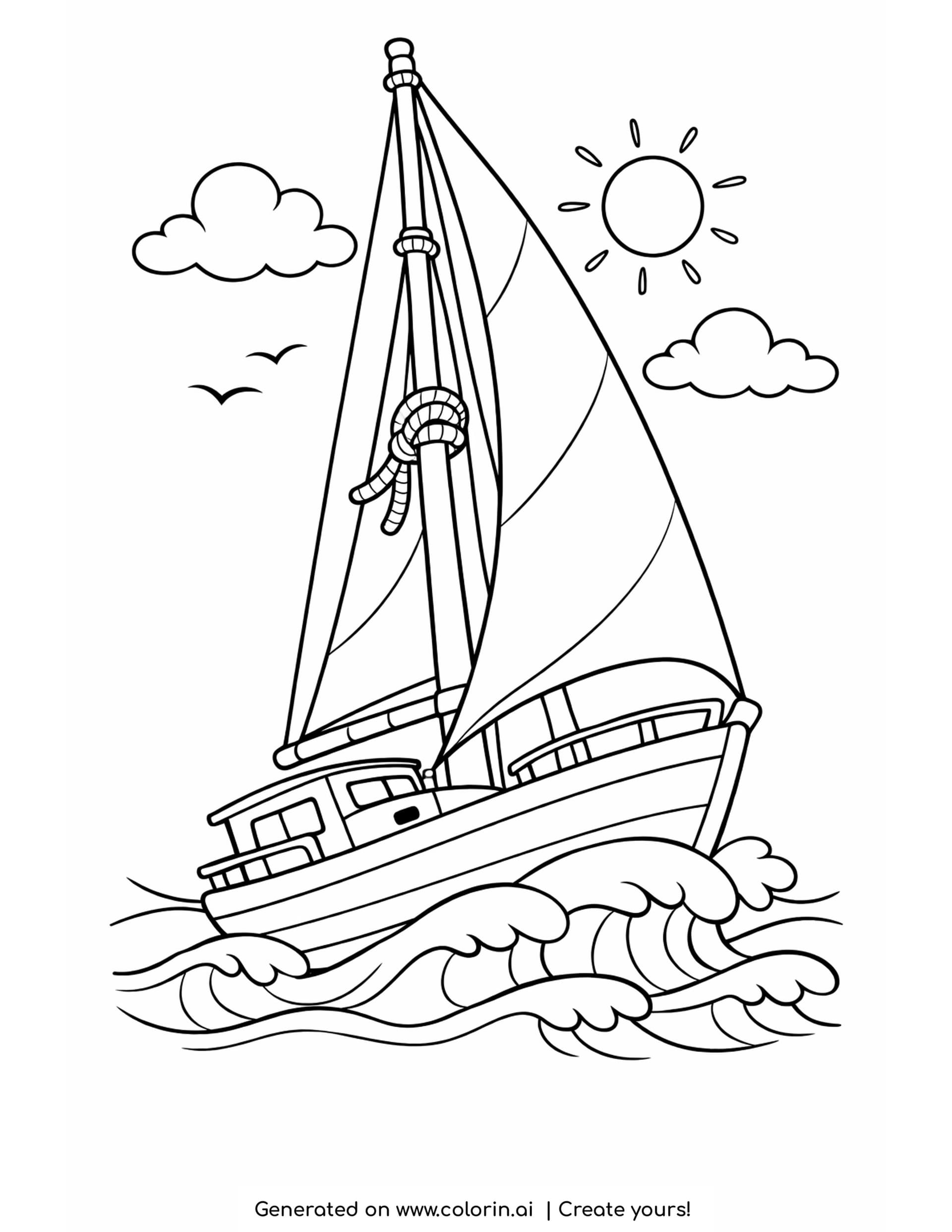 sailboat leaning in the wind coloring pages - a sailboat tipped by the wind with a curved main sail, a tall mast and curling waves