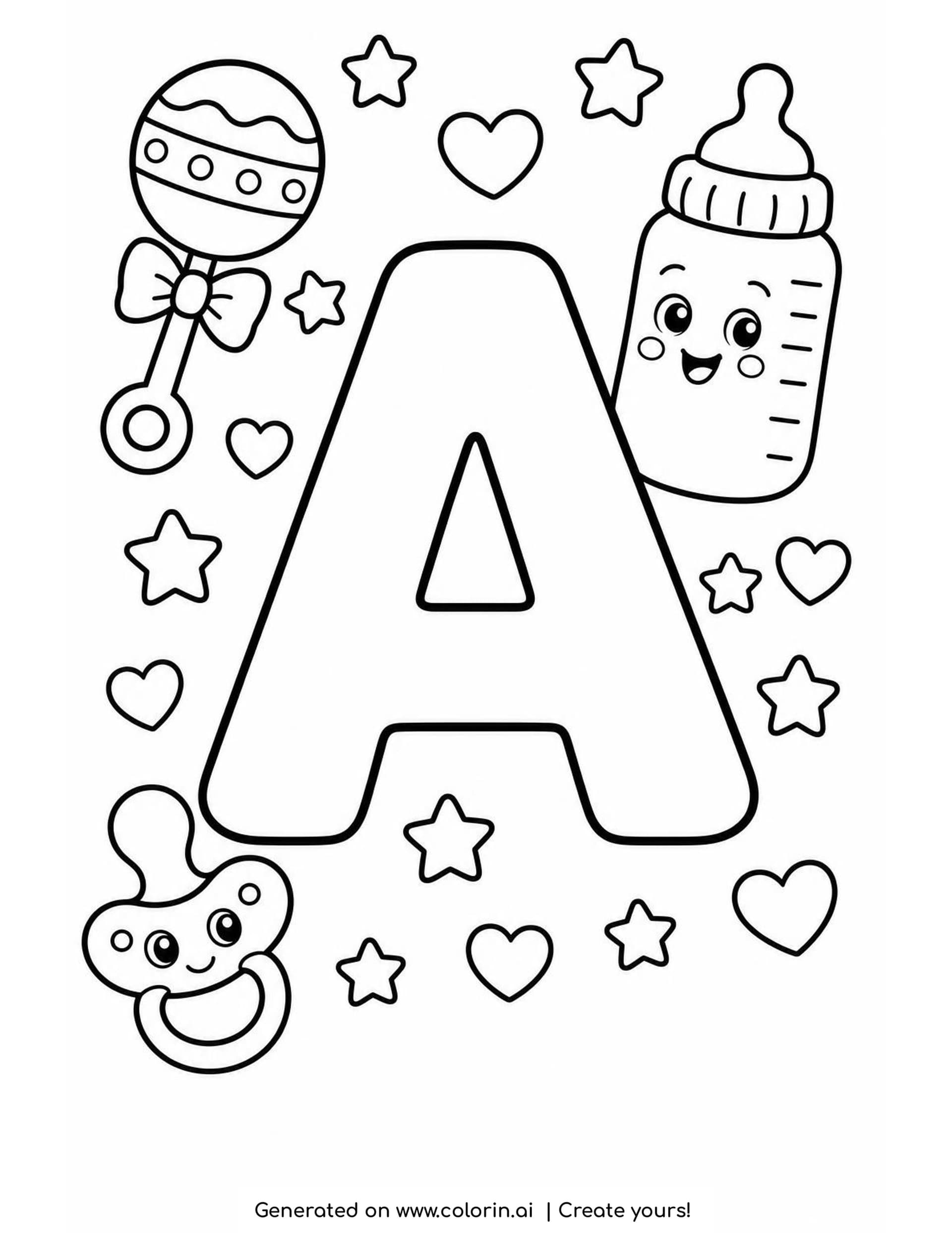 An ABC coloring page for baby shower alphabet books with a big hollow letter A, a rattle with a bow, a smiling baby bottle, a smiling pacifier, stars and hearts
