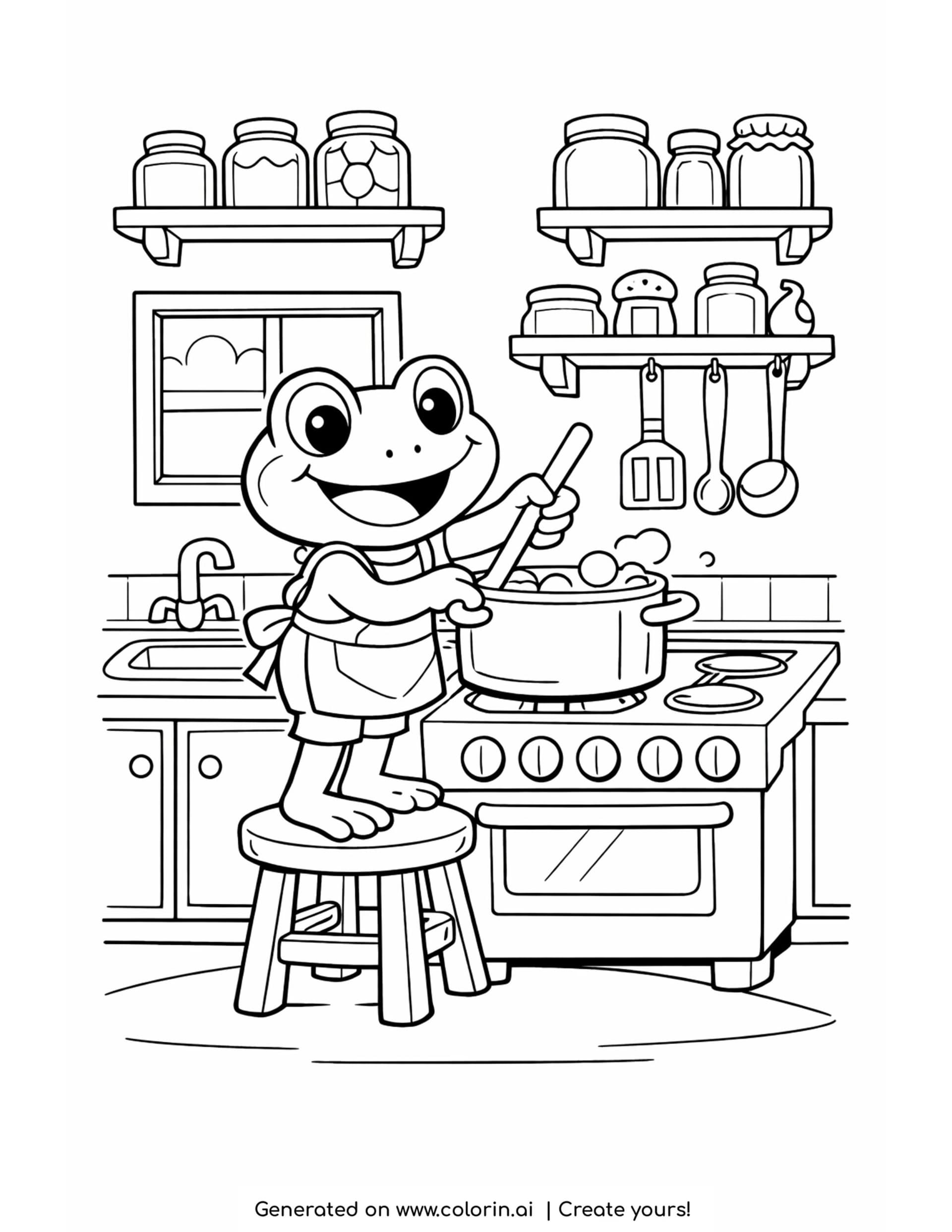 frog stirring pot in kitchen coloring page cute frog cooking on a stove