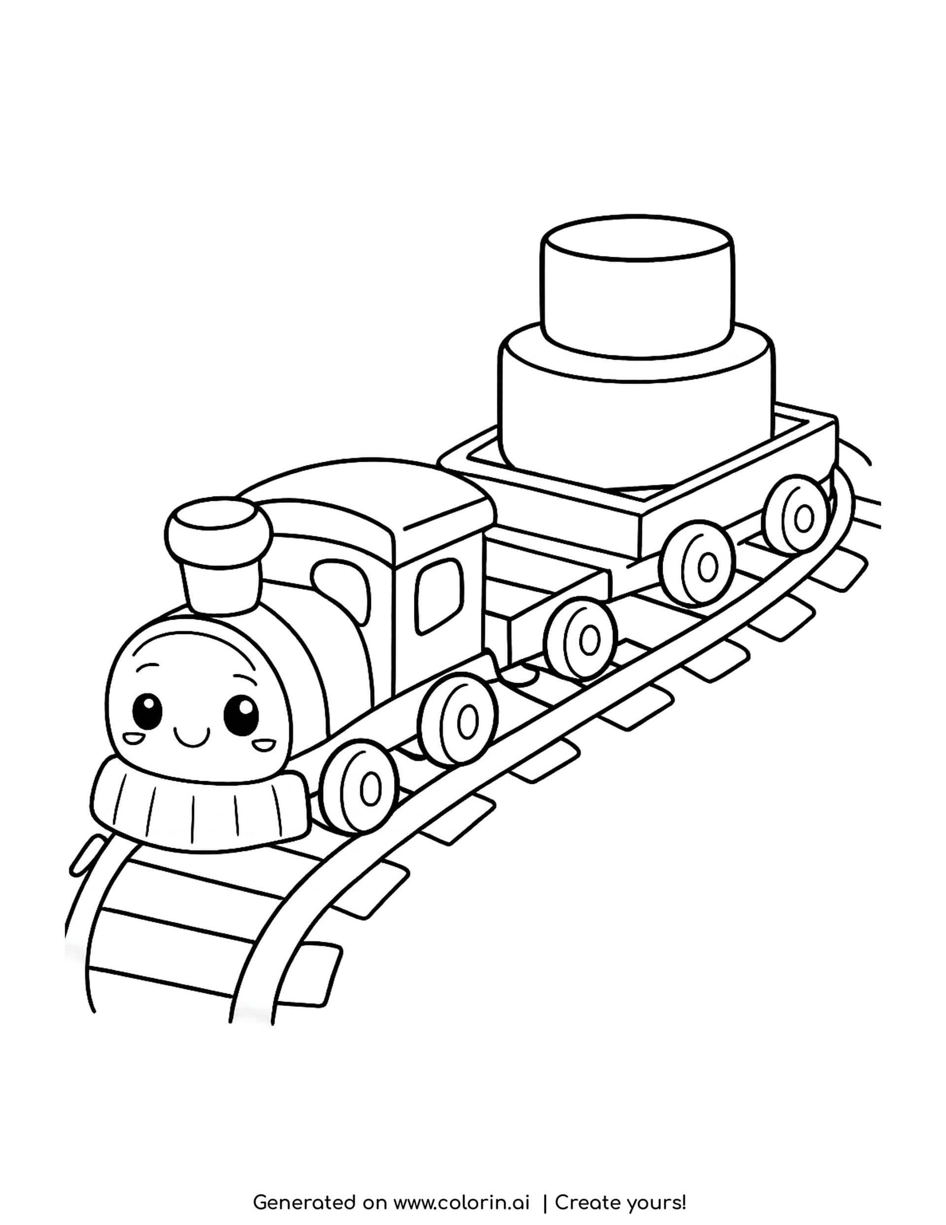 toy train coloring pages: a smiling toy engine on a curved track pulling two stacked round blocks