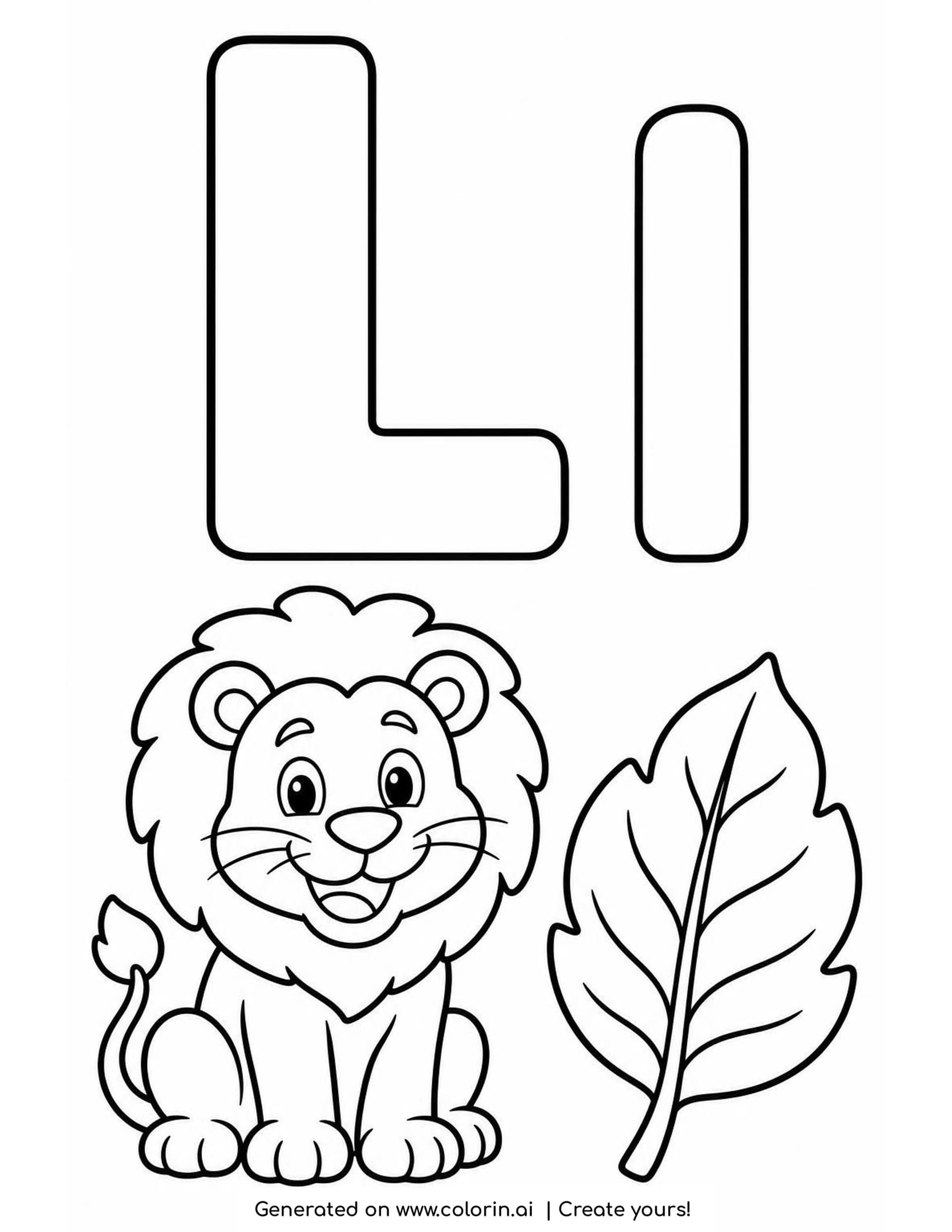A letter L coloring page with a tall hollow L and l above a smiling lion cub and a large leaf with veins