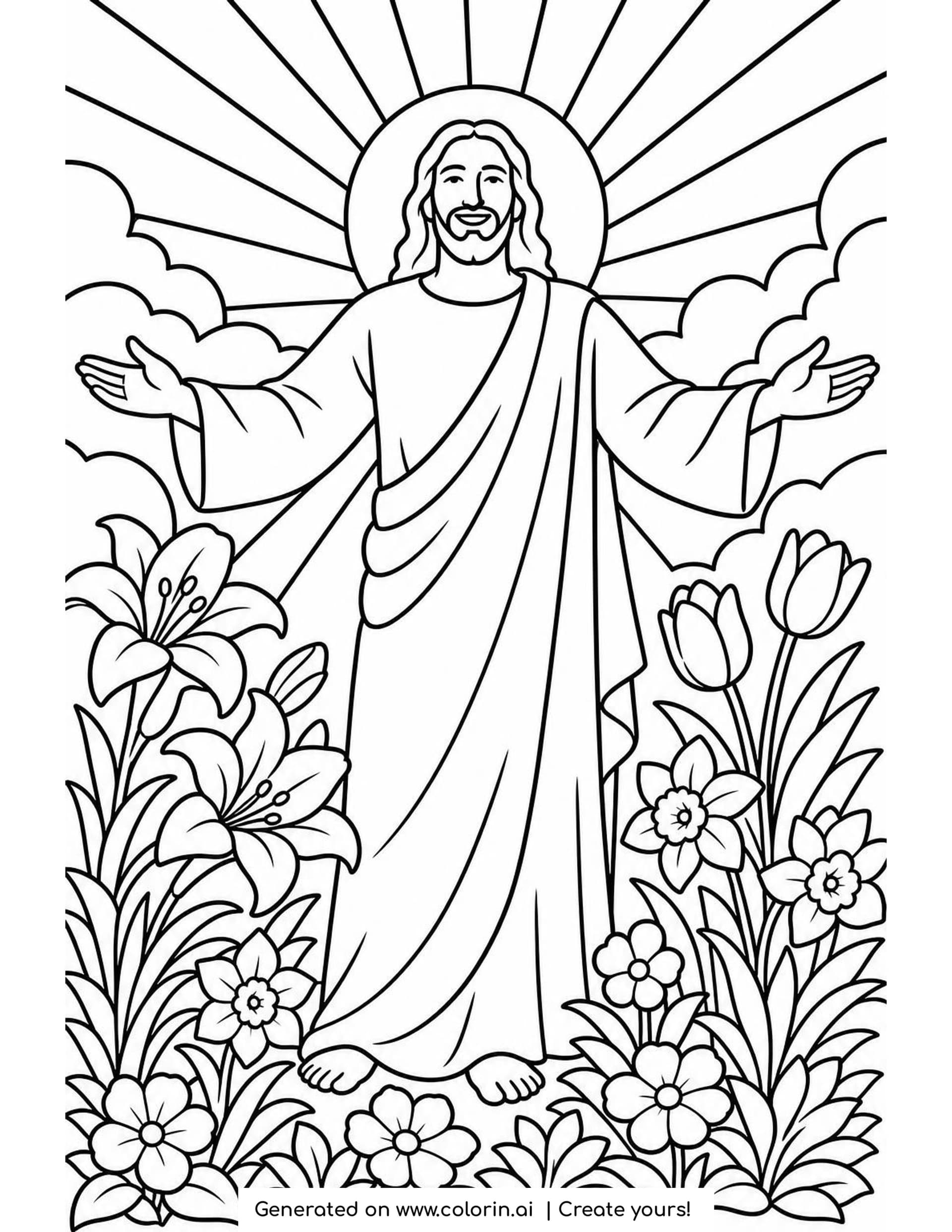 Jesus Easter coloring page of the risen Jesus standing with his arms open wide in a simple robe, with a halo, rays of light and spring flowers at his feet