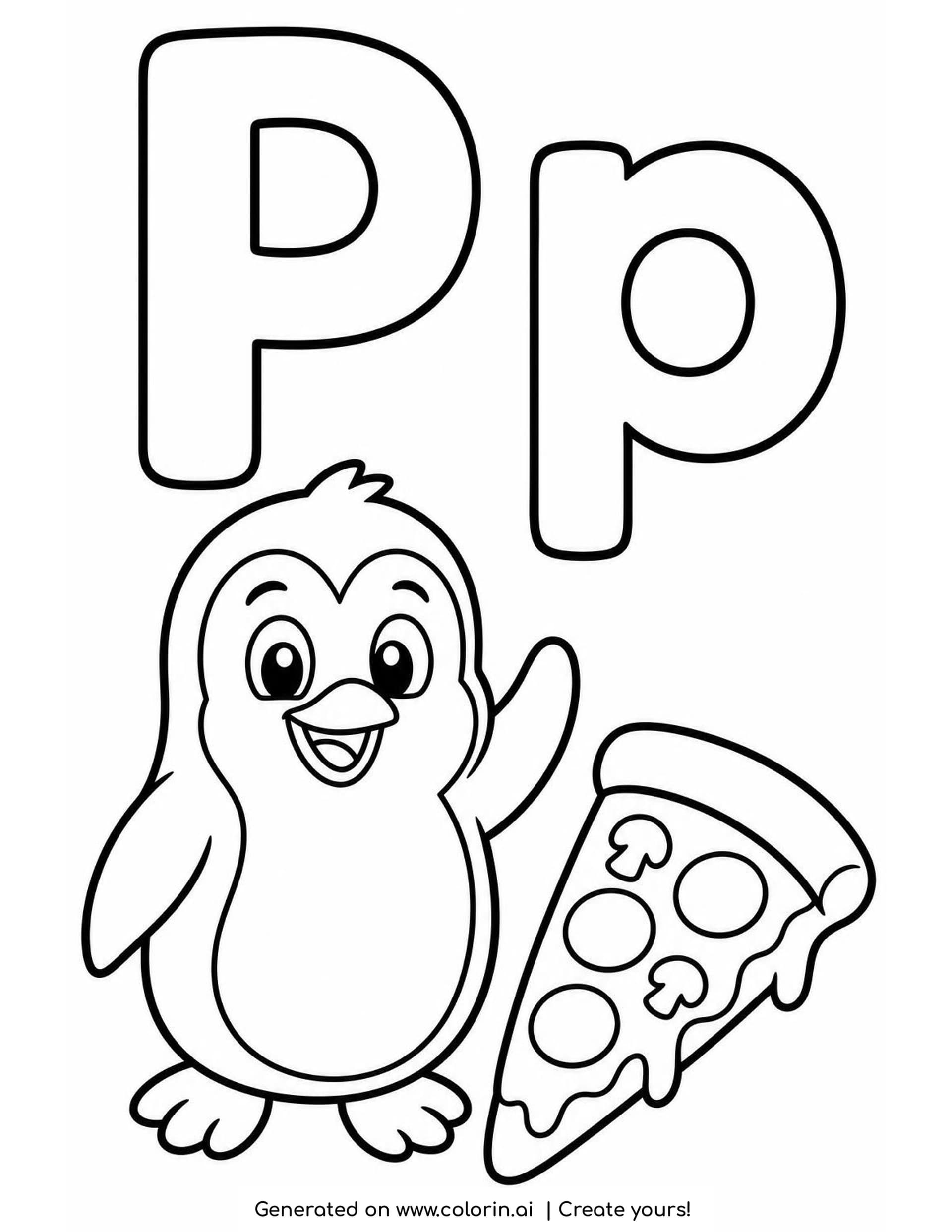 A letter P coloring page with a big hollow P and p, a waving penguin and a slice of pizza with pepperoni, mushrooms and dripping cheese