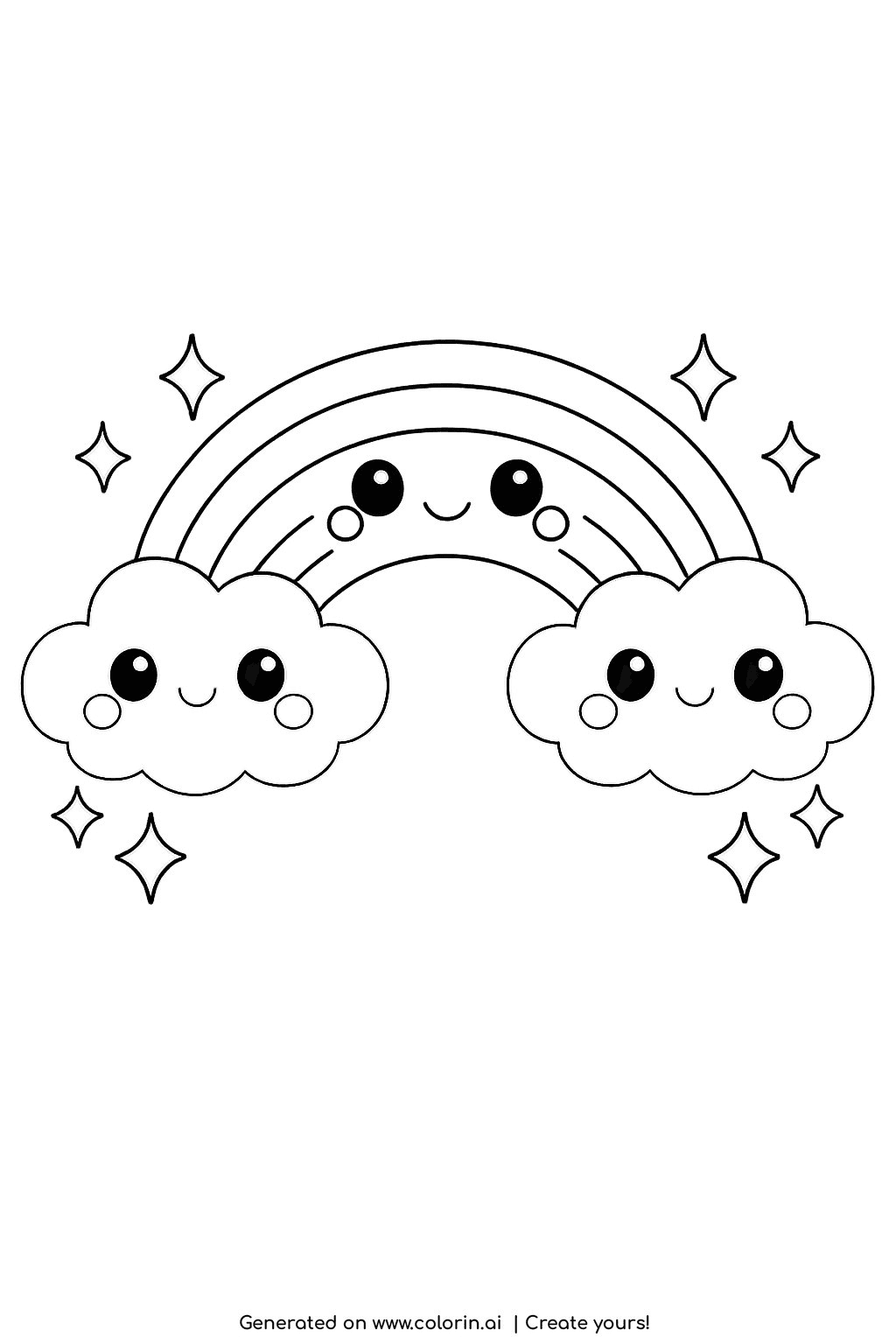 rainbow coloring pages for kids, a big grinning rainbow arching between two round happy clouds with sparkles all around