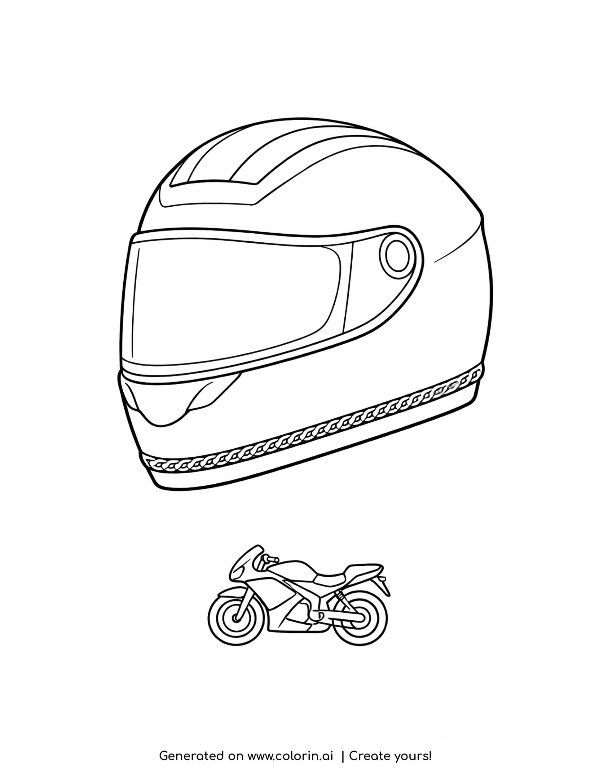 helmet coloring pages - bold full face motorcycle helmet with a visor and a small motorcycle outline below