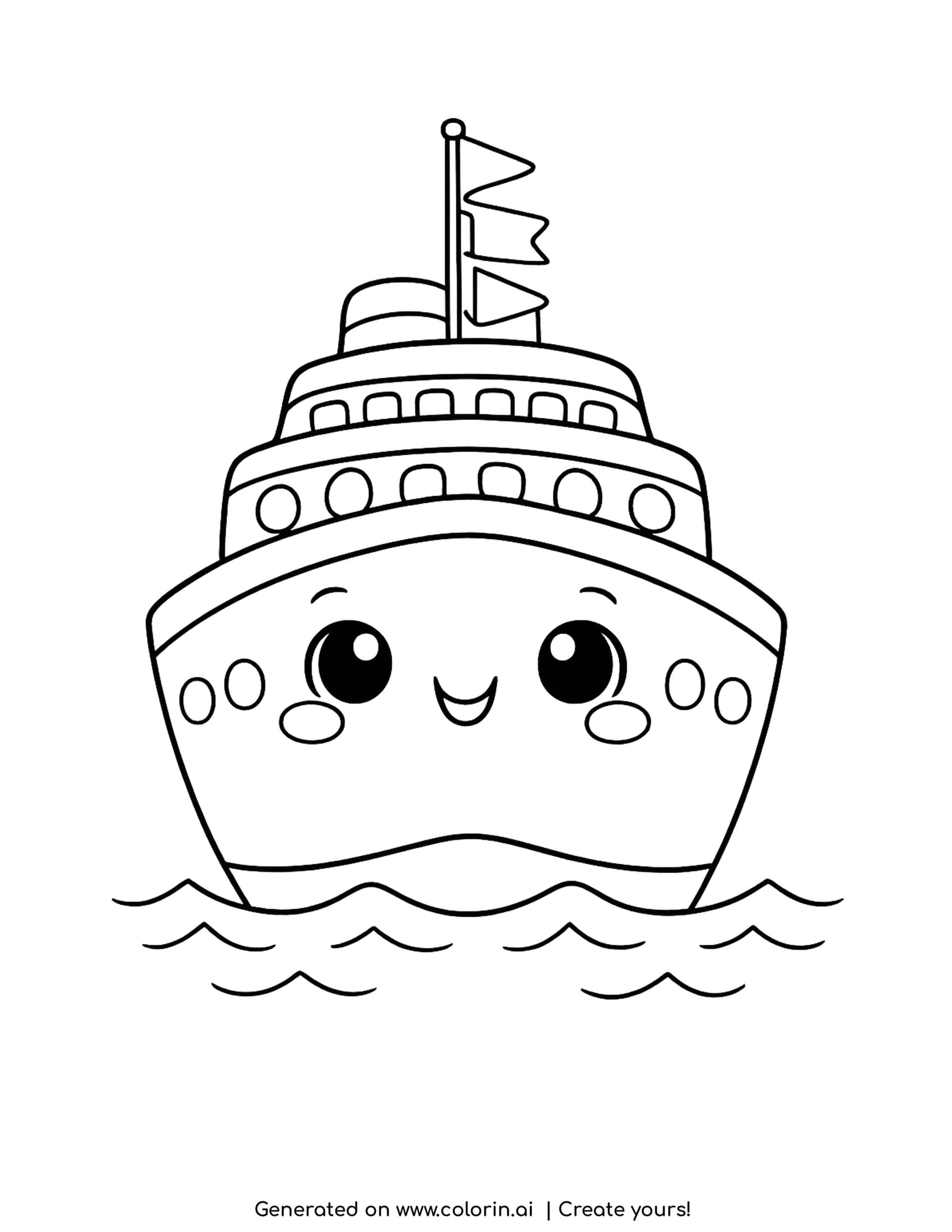 cruise liner with round windows coloring pages - a chubby cruise ship with a smiling face, two decks of windows, a funnel and three flags