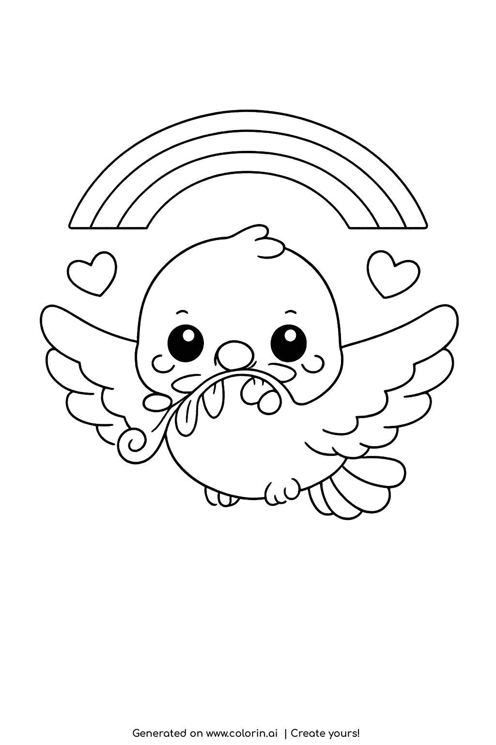 cute bible verse coloring pages, chubby round dove with an olive branch, little hearts and a soft rainbow