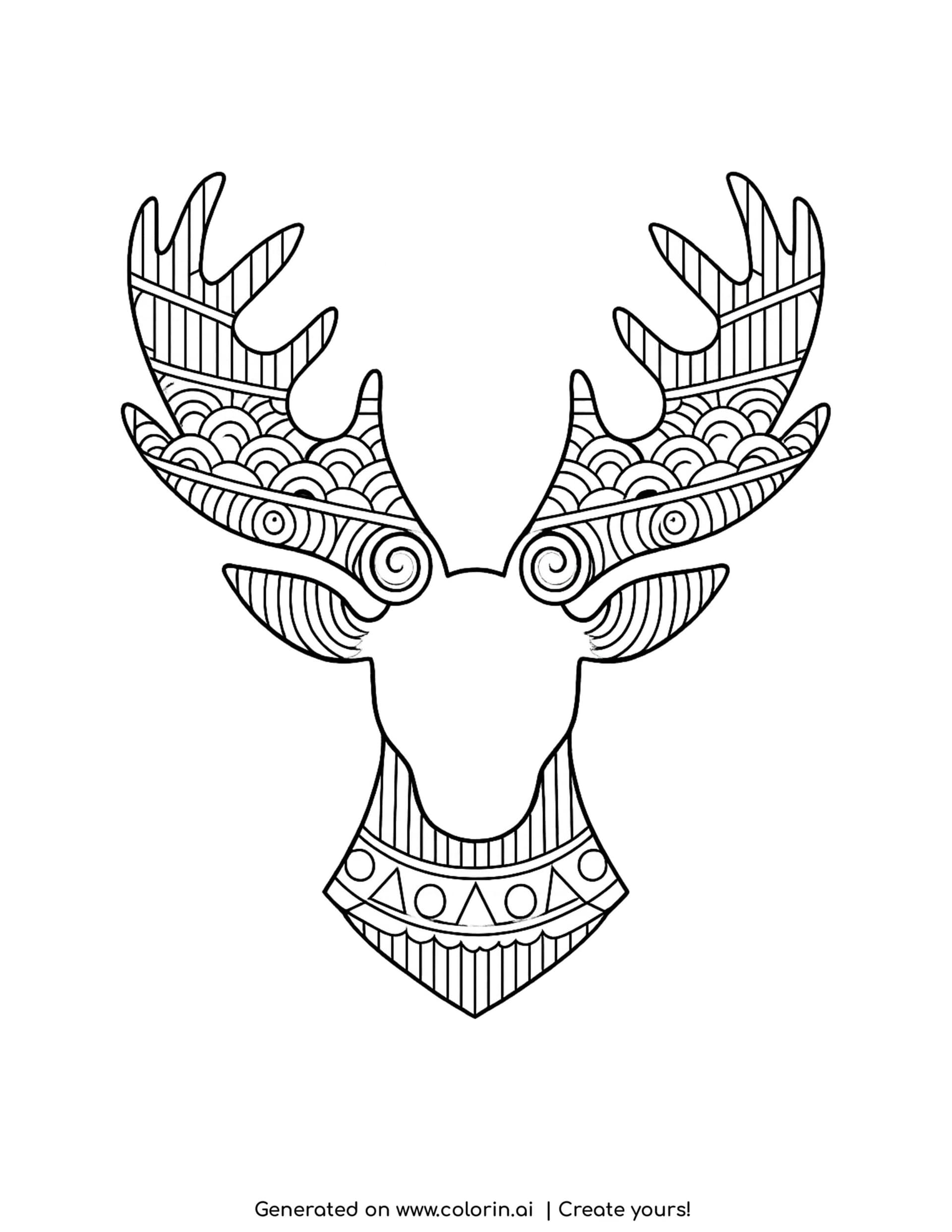adult christmas coloring pages, a zentangle reindeer head with ornate patterned antlers and a decorated face