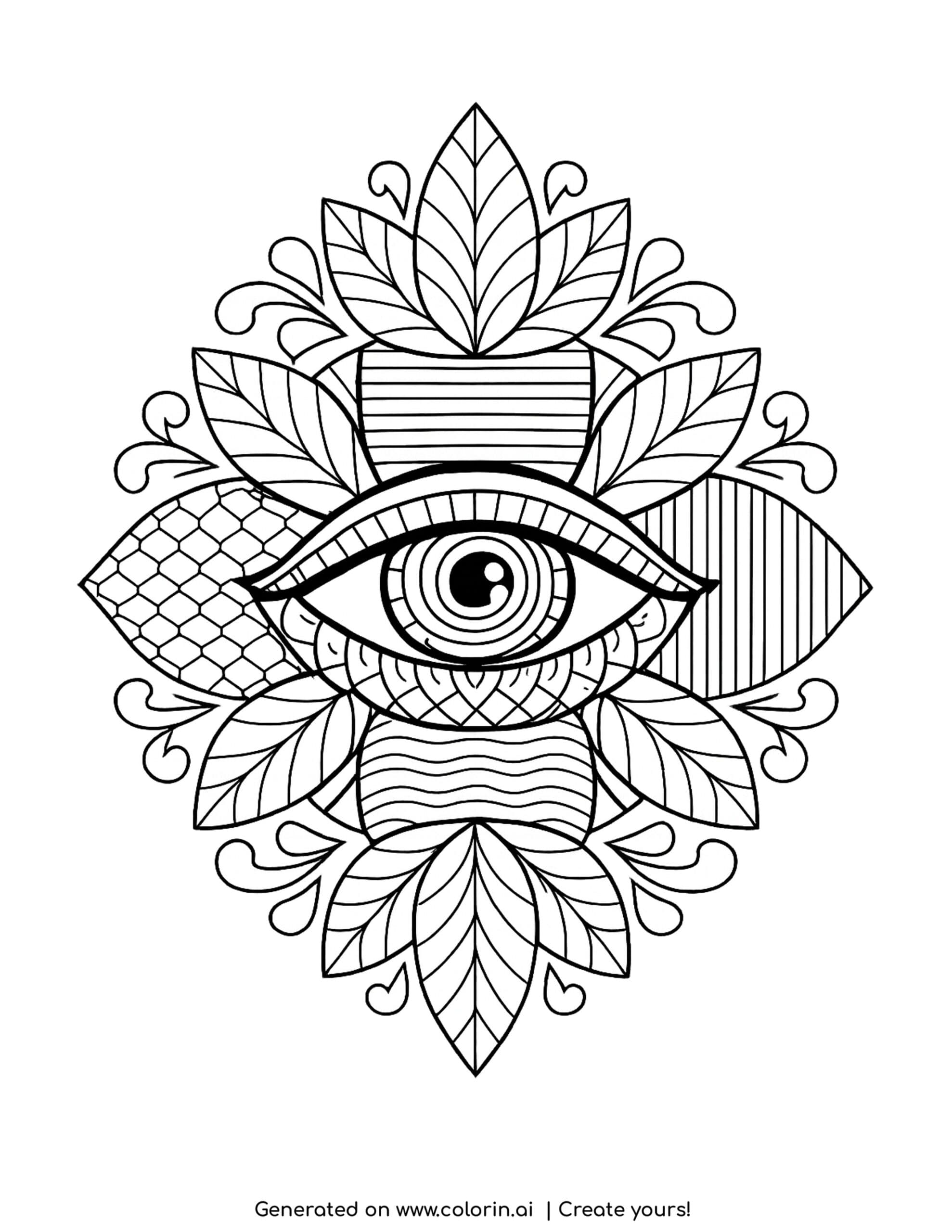 spiritual eye with leaf mandala coloring page with symmetrical leaves and patterns