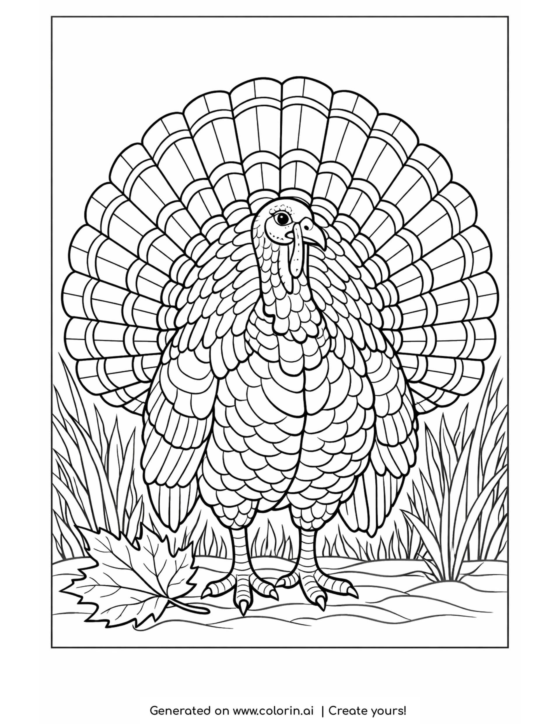thanksgiving coloring pages for adults, a proud turkey standing with a fully fanned, detailed tail of layered feathers