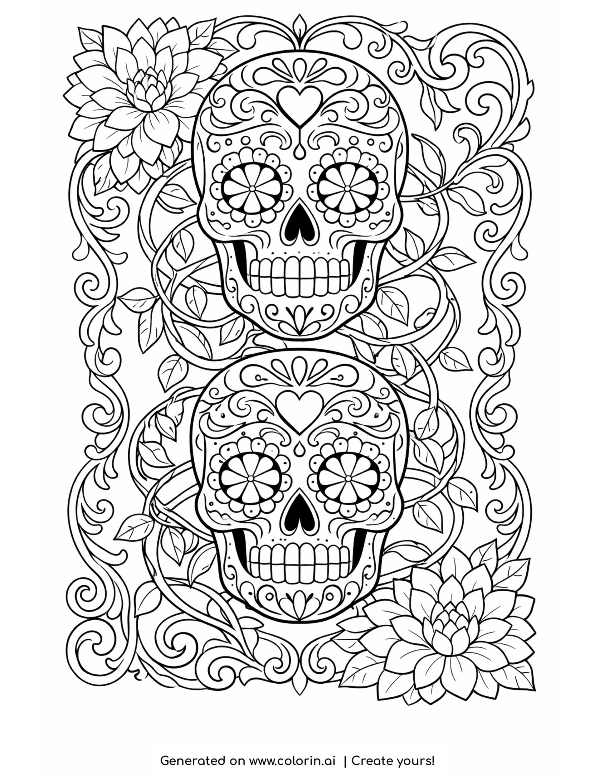 twin sugar skulls coloring pages, two ornate calaveras stacked one above the other among scrolling vines and dahlias