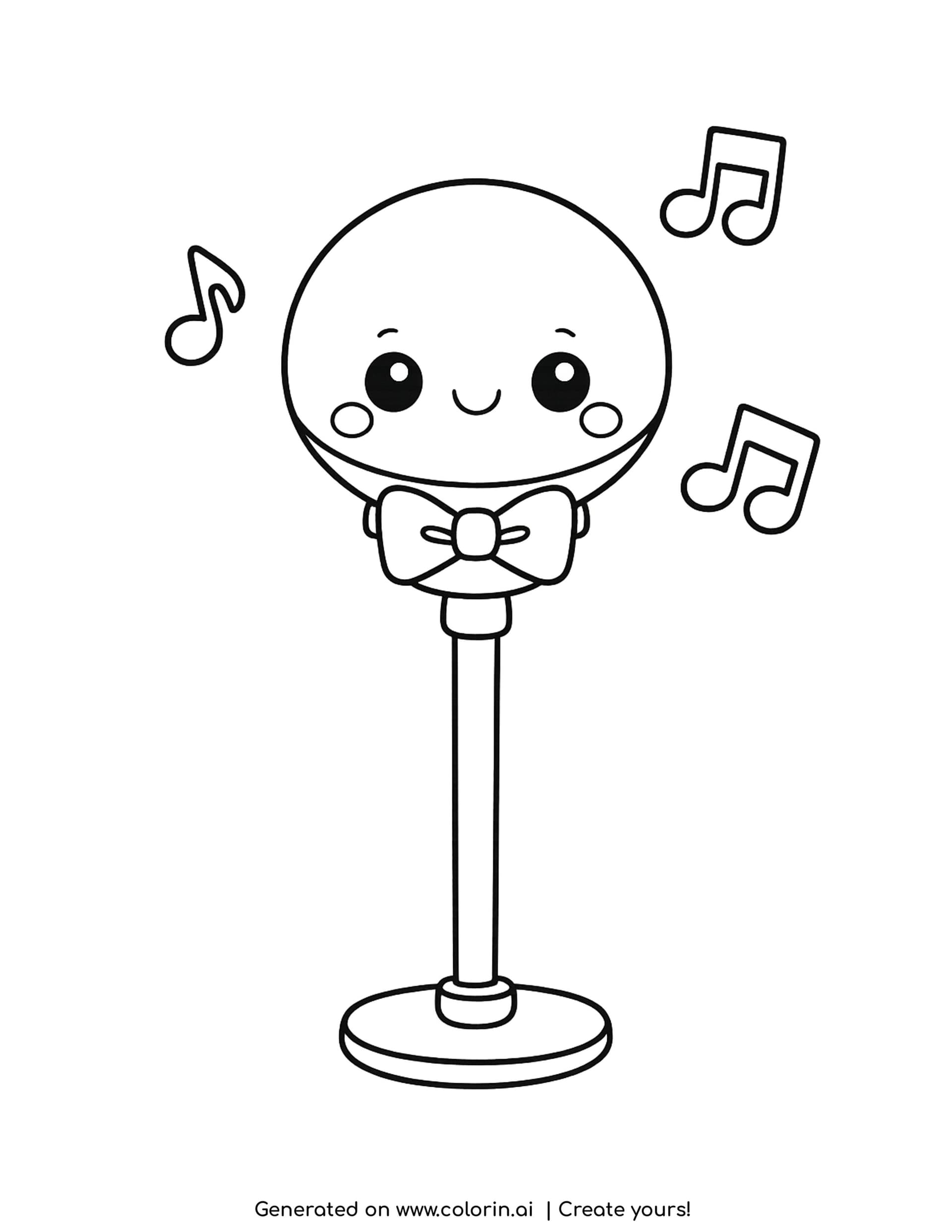 microphone coloring pages - cute round microphone with a smiling face and bow tie on a tall stand