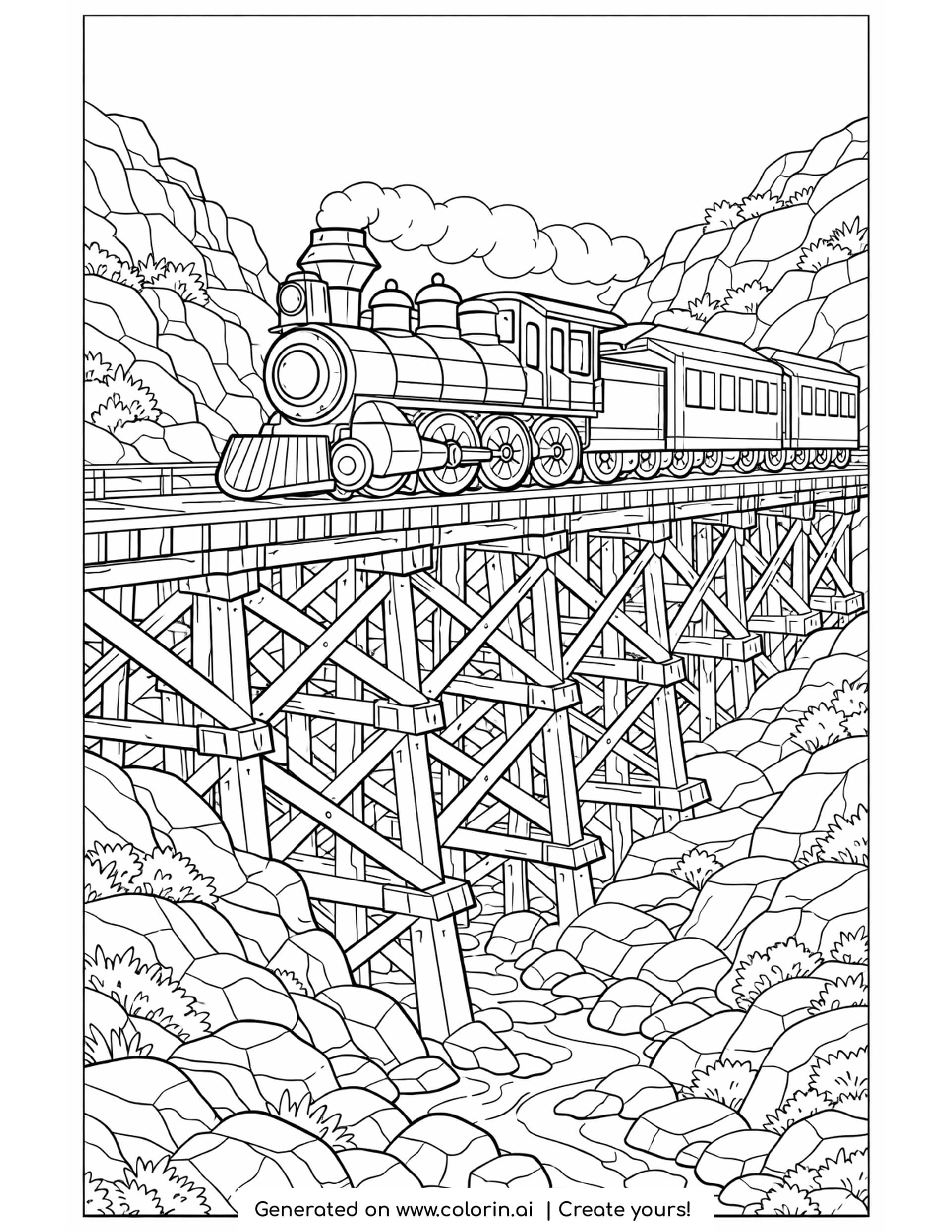 trestle bridge train coloring pages: a steam train crossing a timber trestle above a rocky ravine