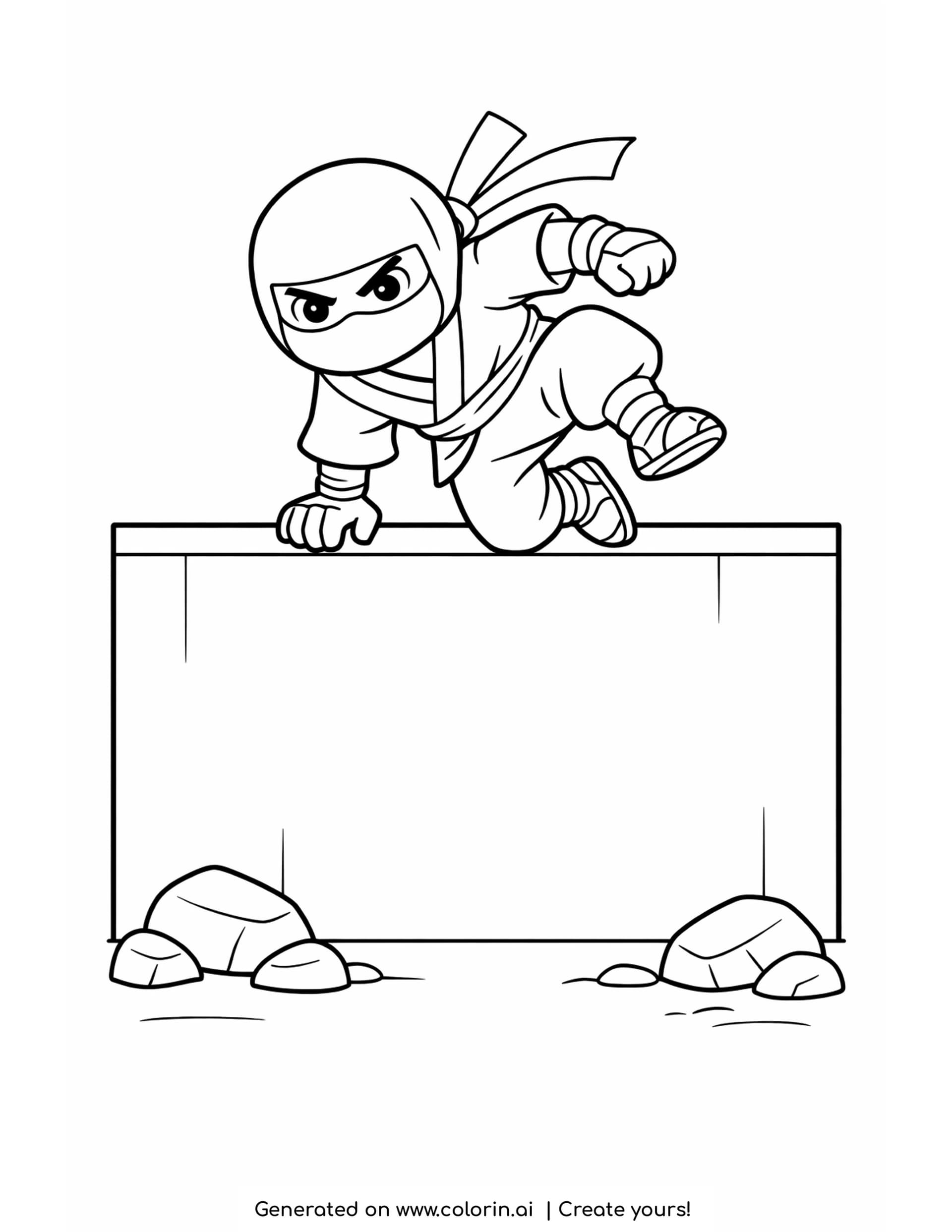 ninja jumping a wall coloring pages - ninja vaulting a tall wall with one hand on the top edge and a fist raised