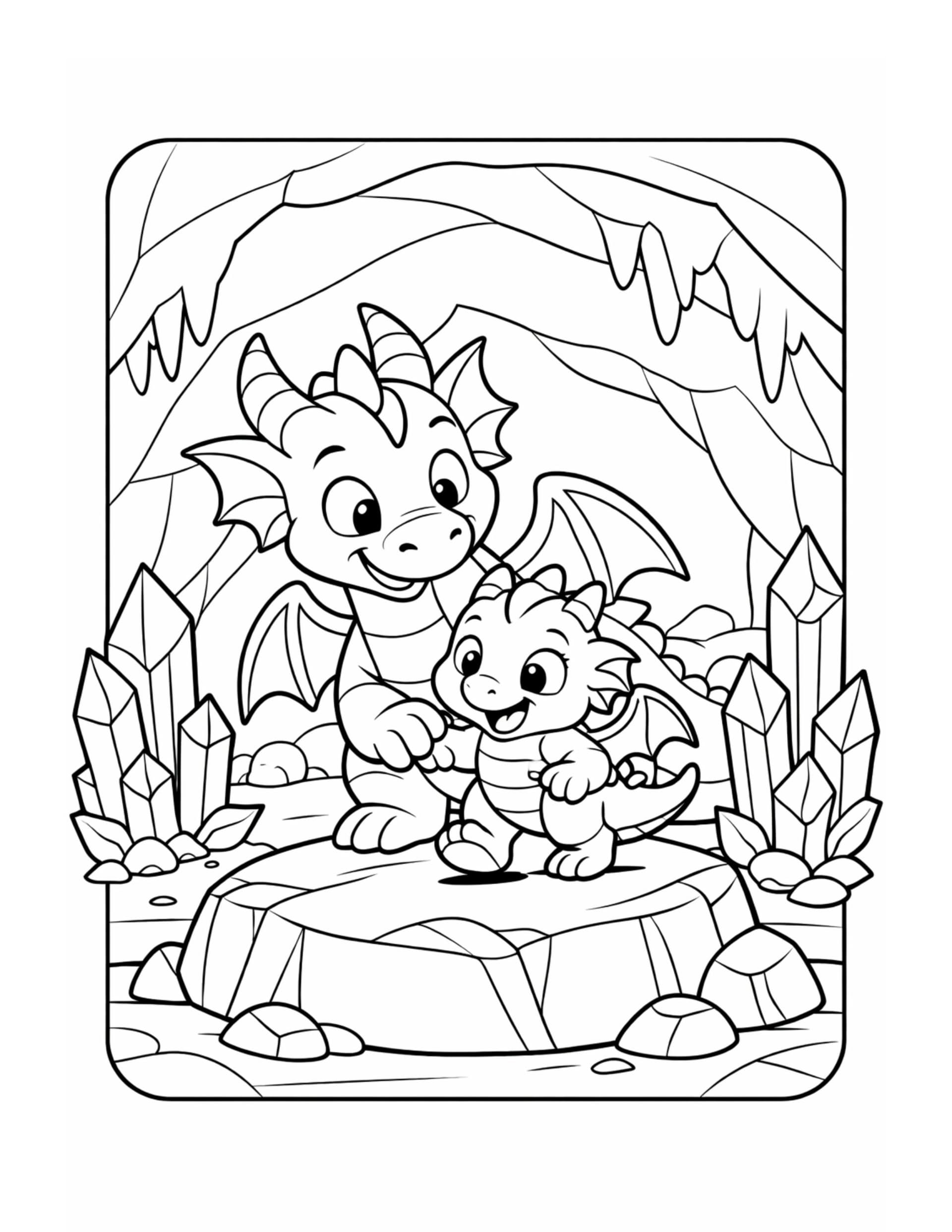 baby dragon in crystal cave coloring page with a parent dragon and tall crystals around a stone platform coloring page