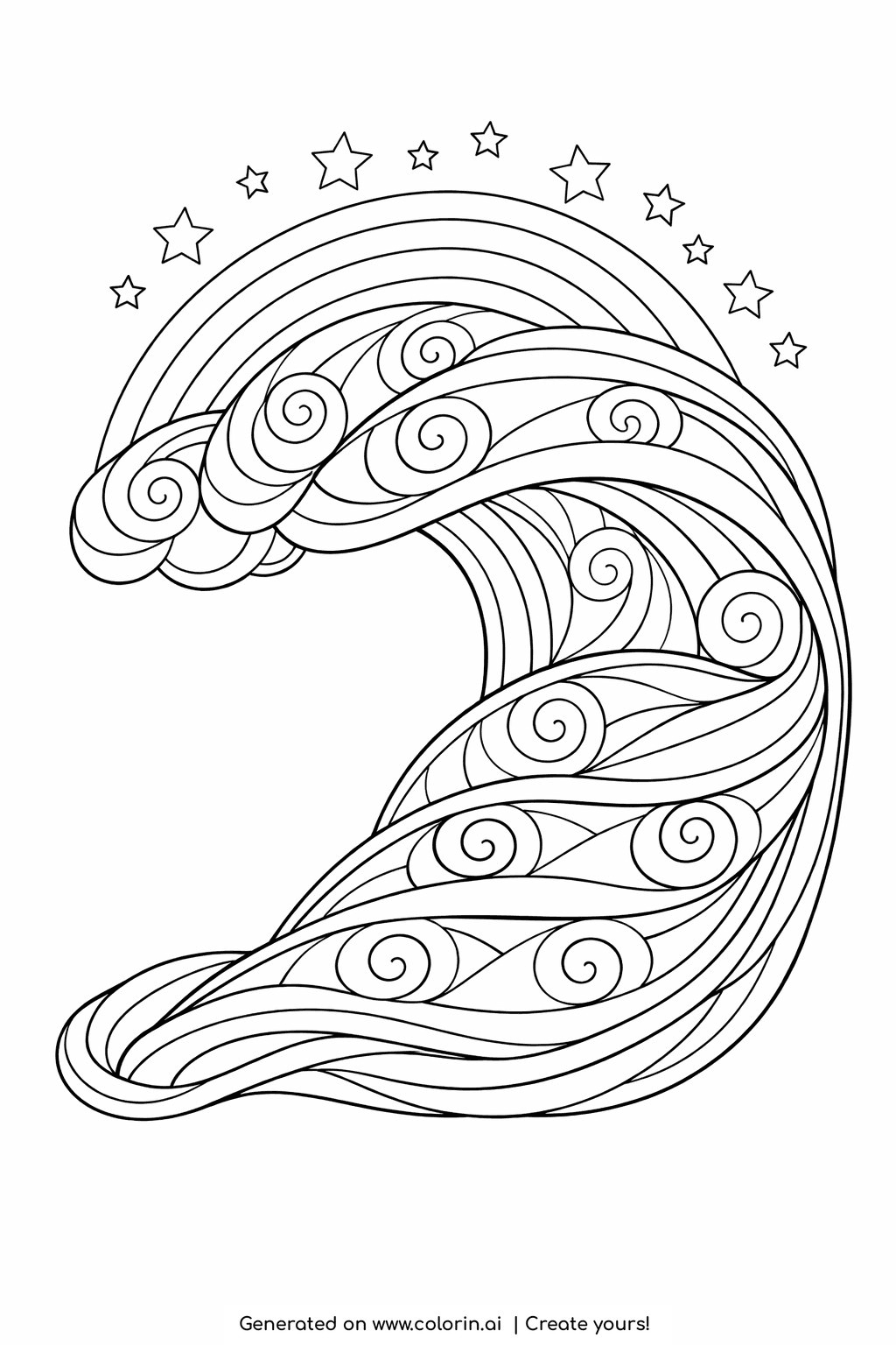 rainbow coloring pages for adults, a rainbow bending into a flowing wave shape filled with swirling ribbon-like patterns, with stars along the top