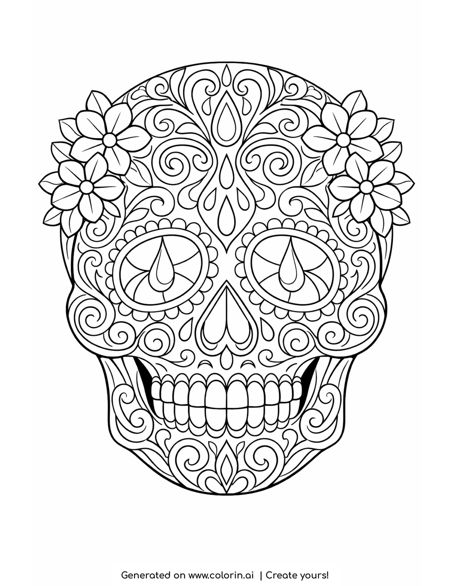 sugar skull filigree coloring pages, calavera covered in curling filigree spirals, teardrops and small flower clusters