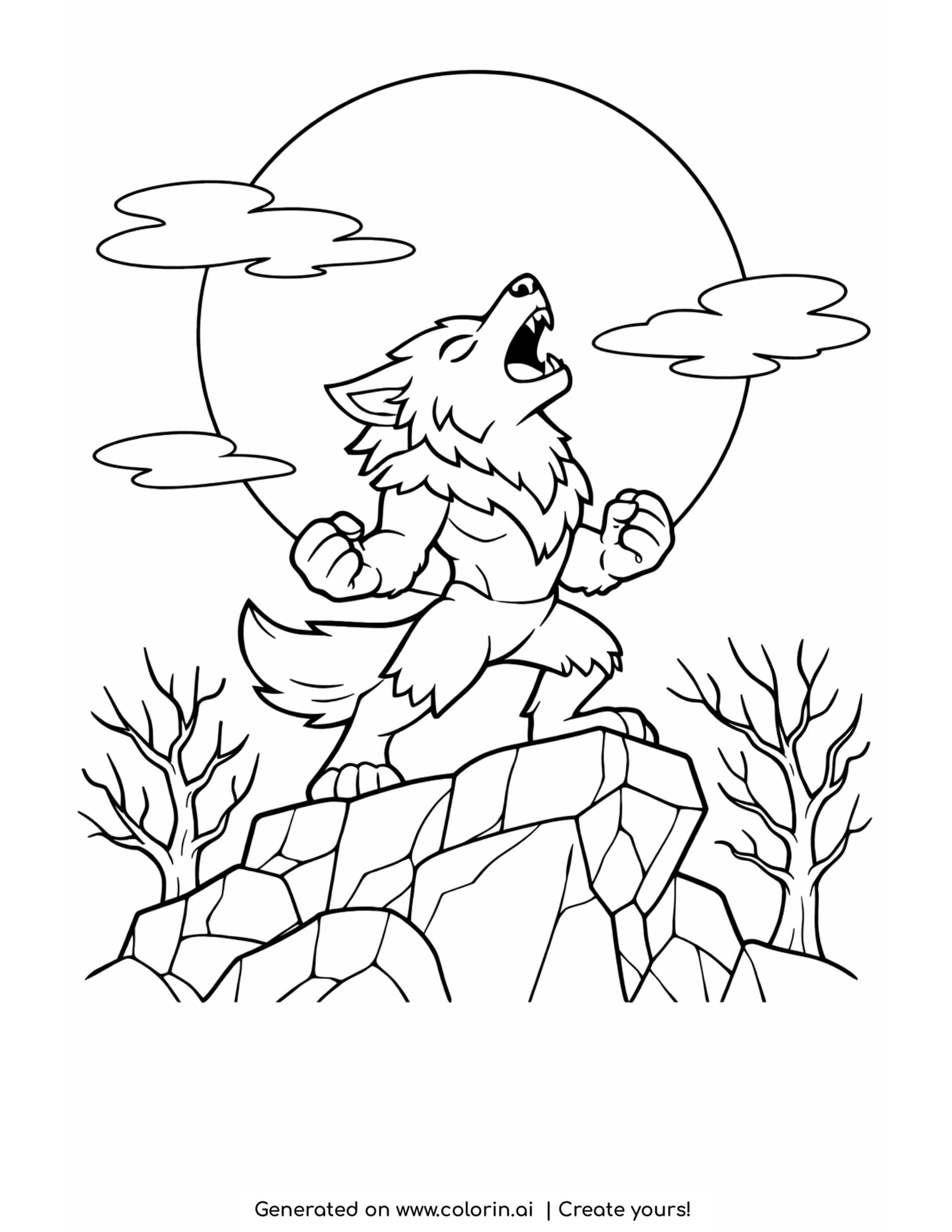 werewolf coloring pages, a werewolf howling on a rocky cliff beneath a full moon with bare trees