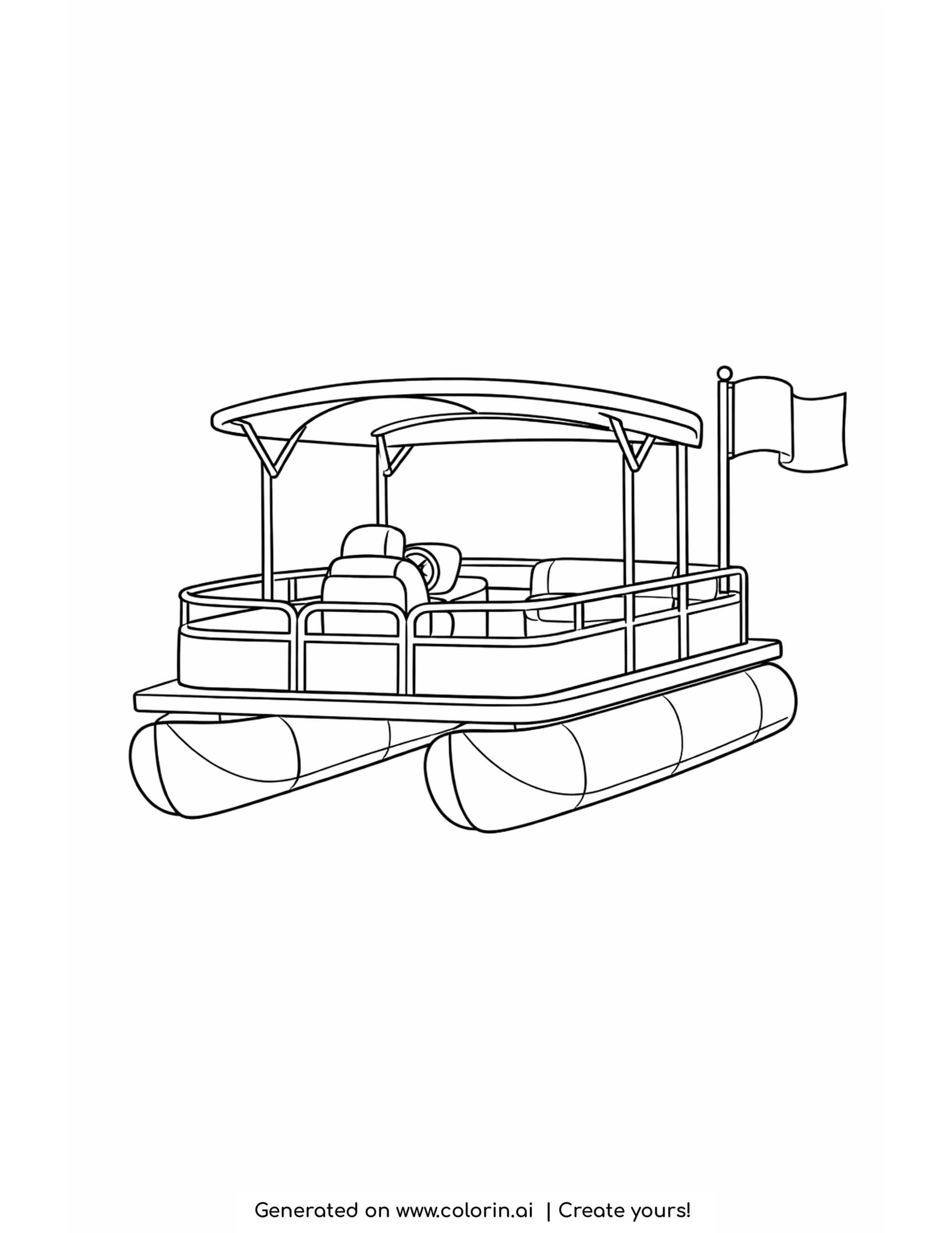 pontoon boat coloring page - a pontoon boat with a canopy roof on four posts, a railed deck with a captain's chair and two float tubes below