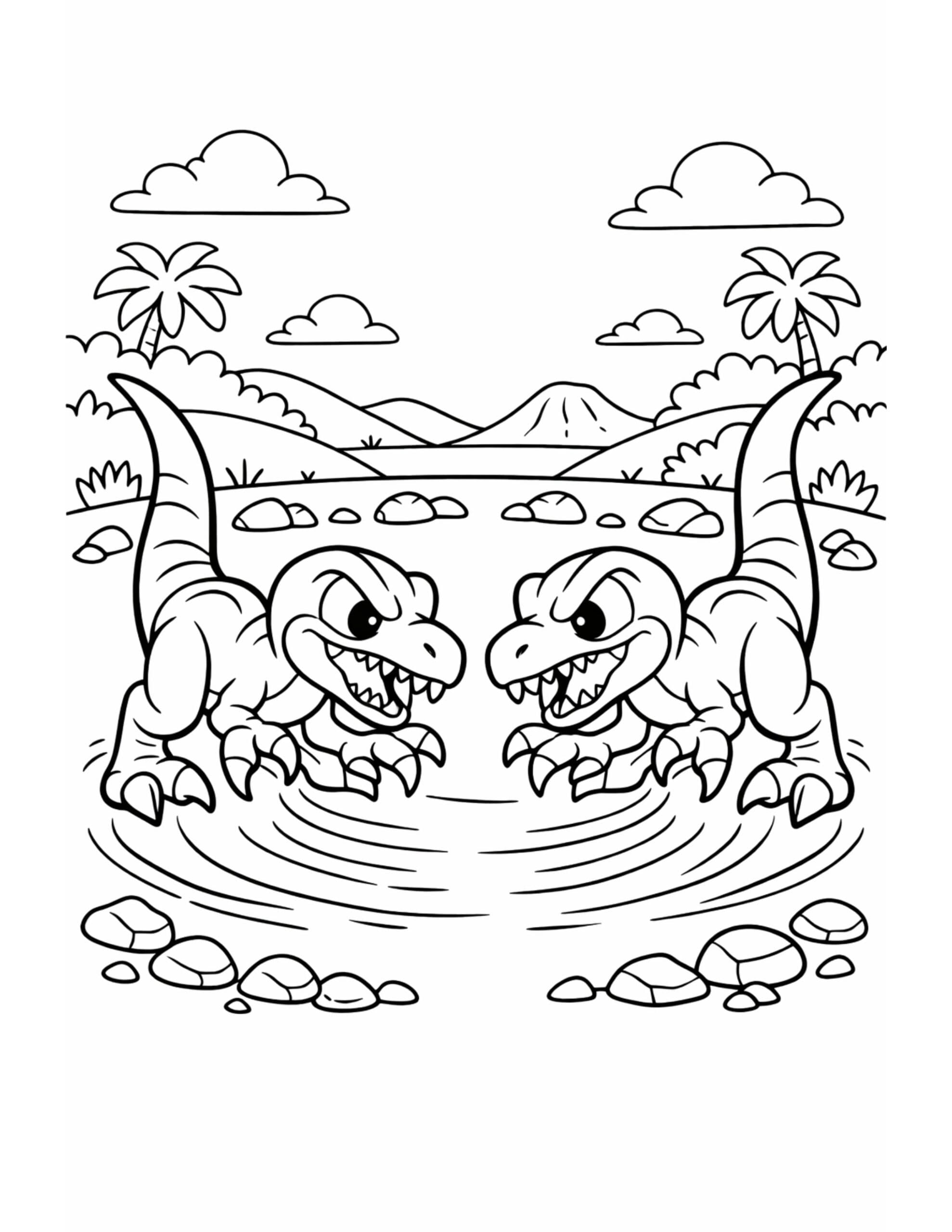 two t rex splashing water coloring page showing playful dinosaurs facing each other in rippling water coloring page