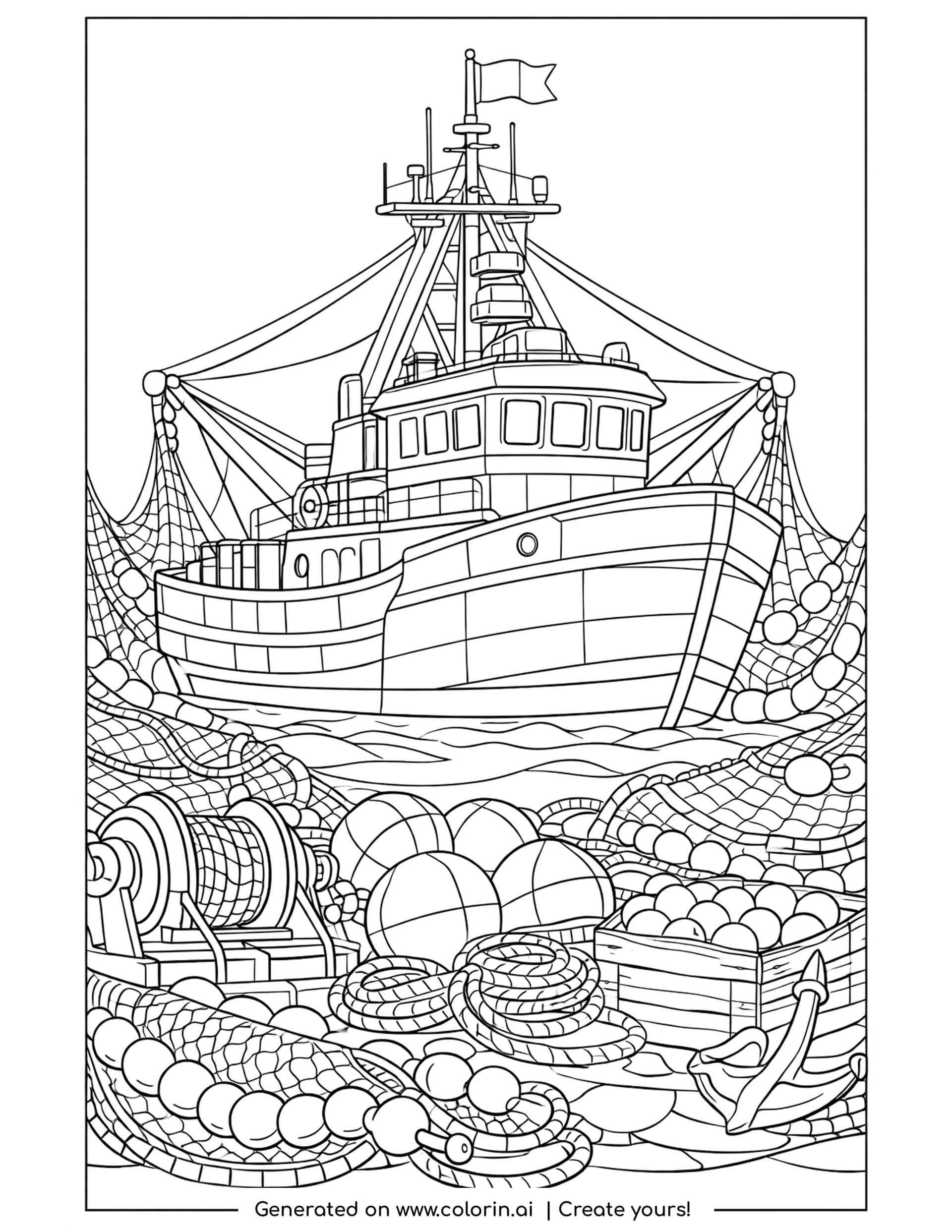 fishing trawler coloring pages — trawler with wheelhouse and nets above a foreground of buoys, rope coils and a crate of catch