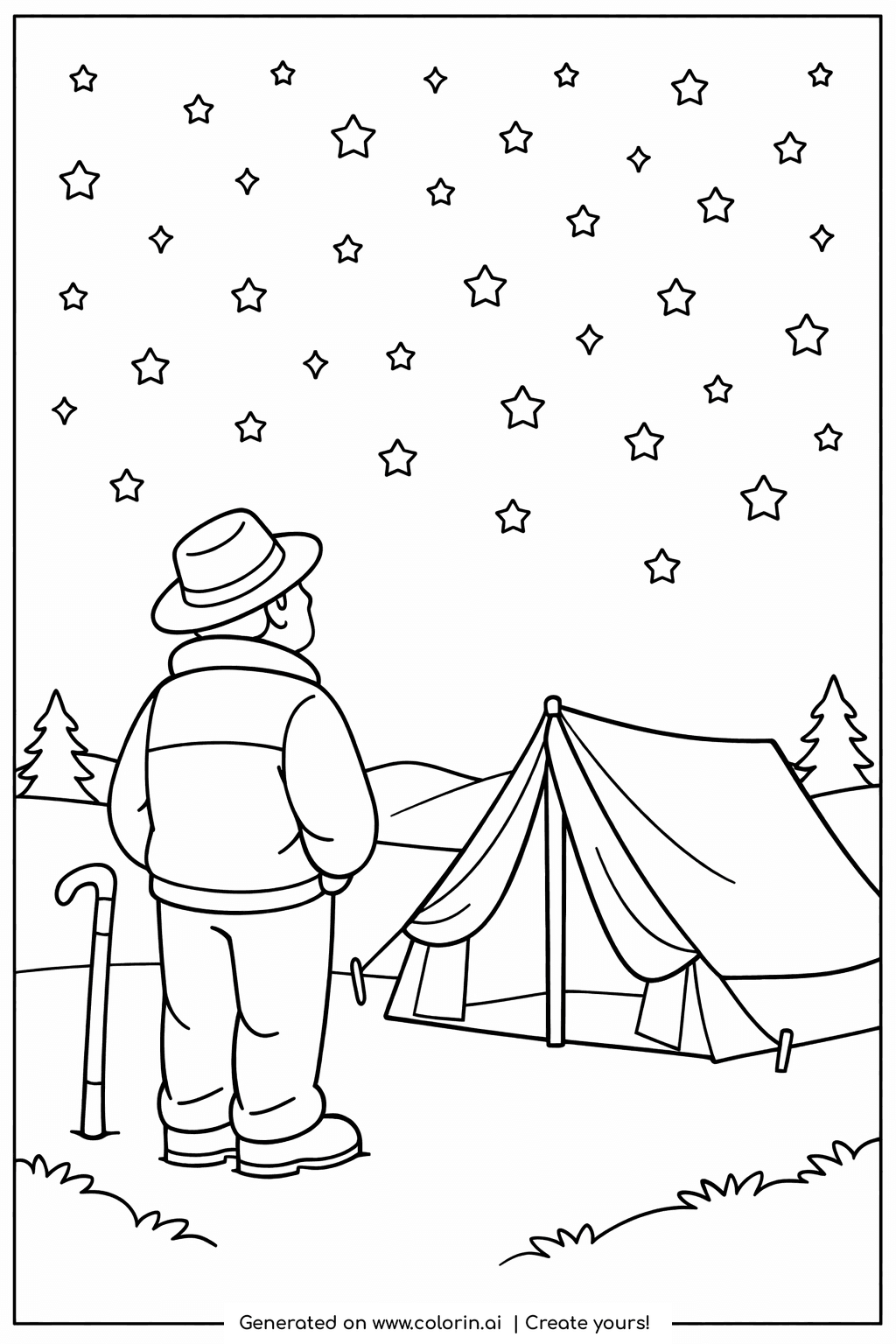 bible story coloring pages, Abraham with a staff beside his tent gazing up at a sky full of stars