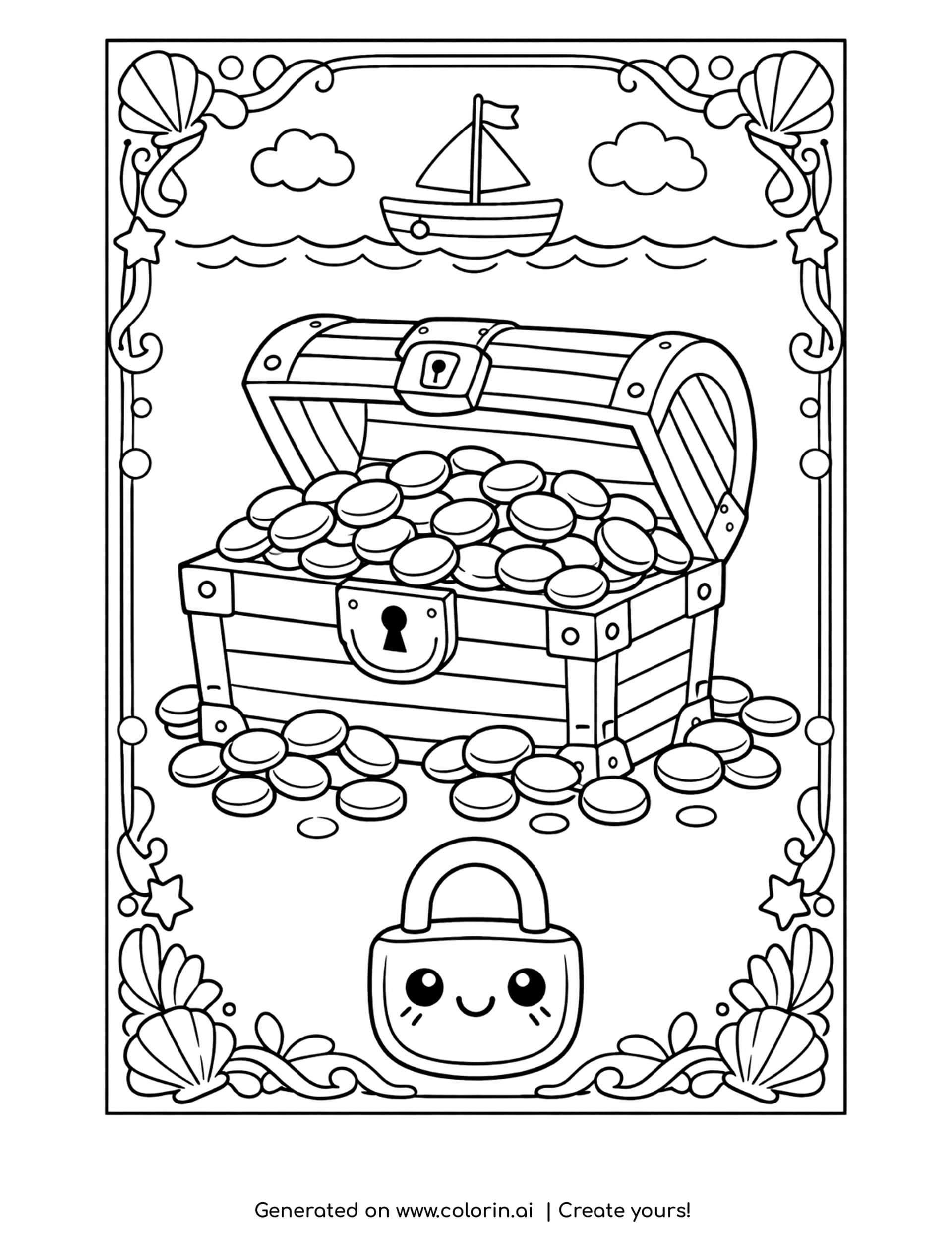 treasure chest coloring pages - an open wooden chest overflowing with gold coins, a smiling padlock and a small sailboat inside a frame of shells