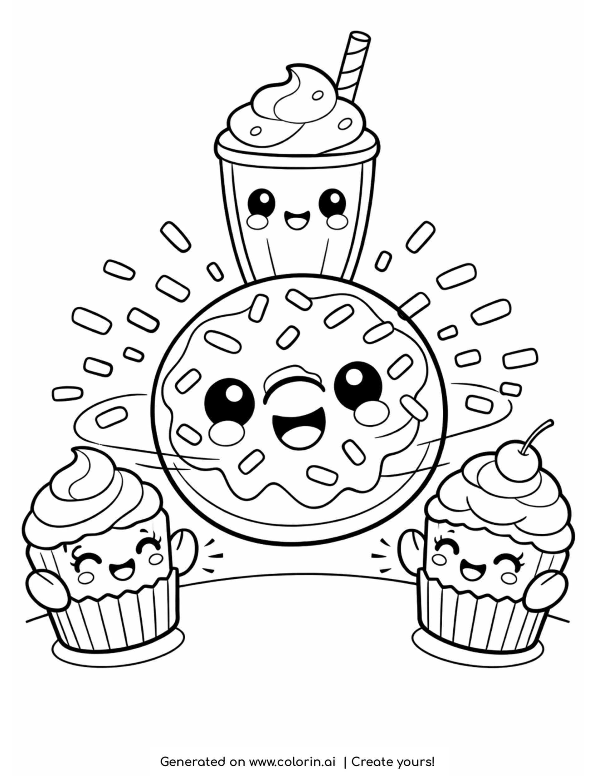 donut spinning with sprinkles coloring page with smiling cupcakes and milkshake
