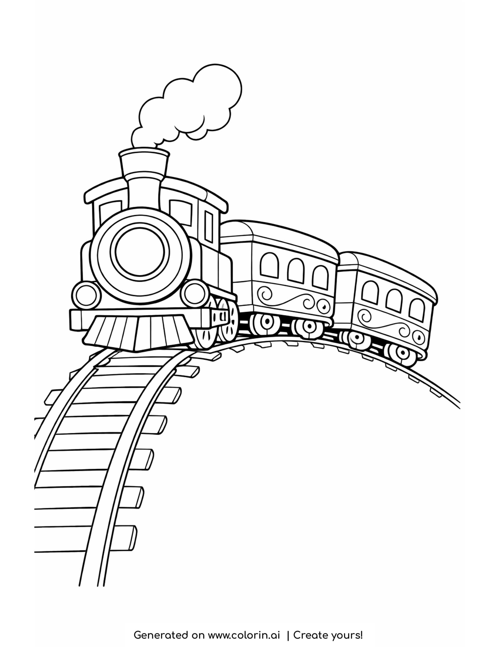 train with two cars coloring pages: a steam engine pulling two rounded coaches over the crest of a curving track