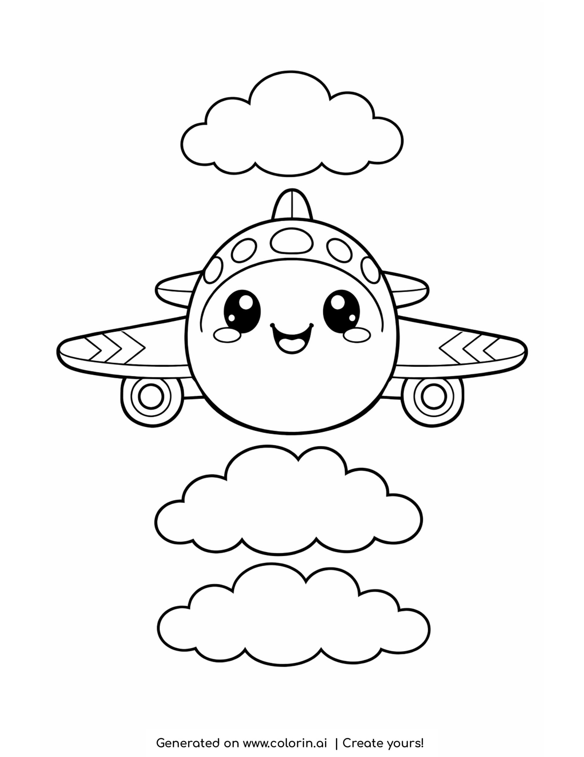 airplane coloring page — round smiling plane seen nose on with striped wings and three clouds