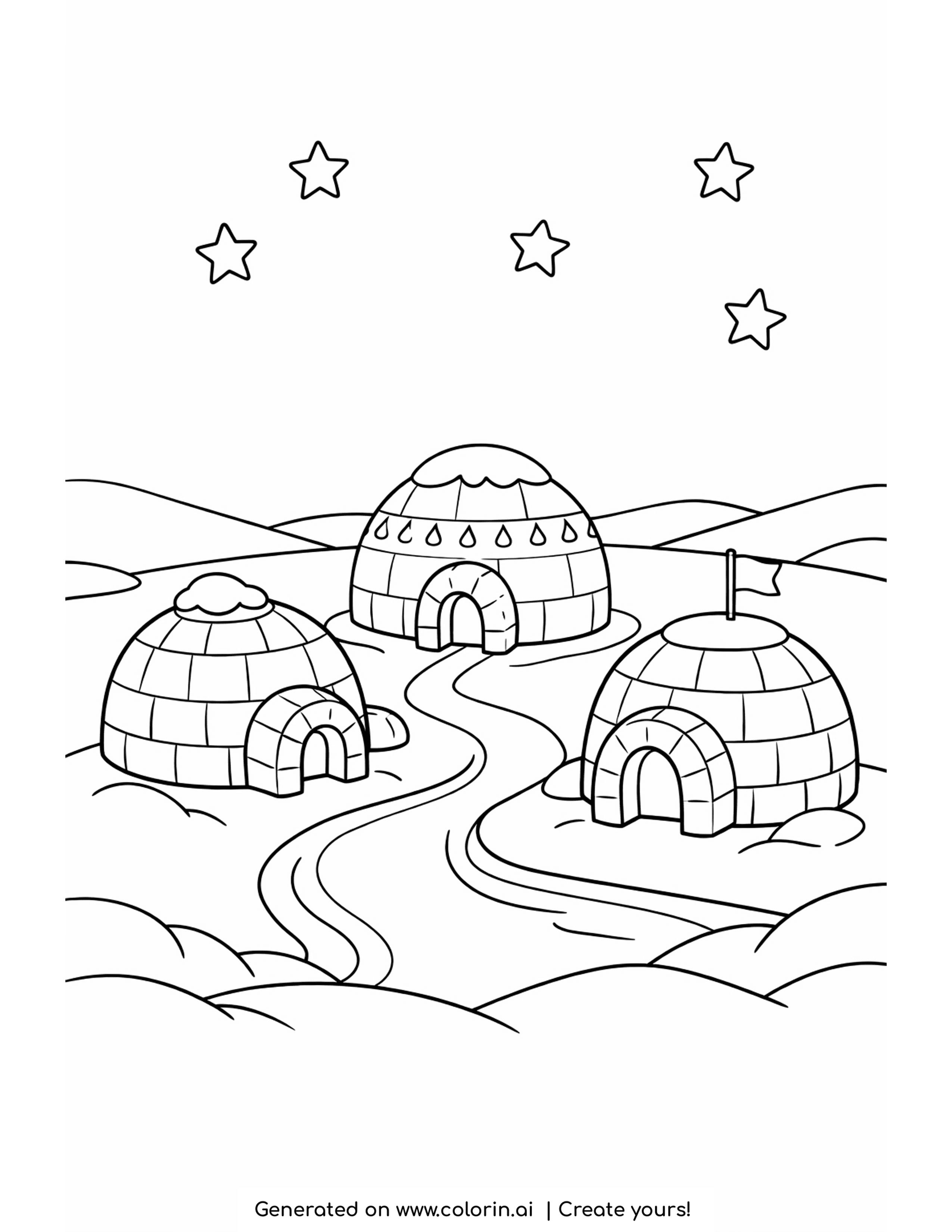 igloo coloring pages, a cluster of ice-block igloos along a snowy winding path under a starry sky