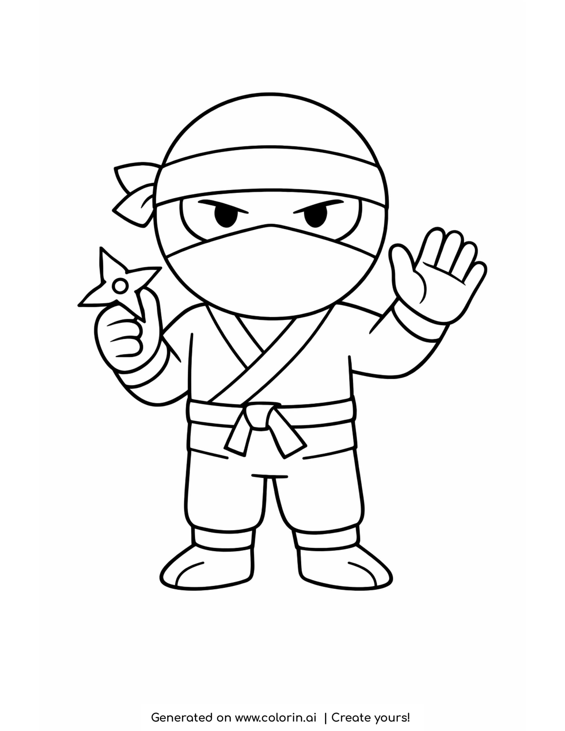 simple waving ninja coloring pages - big headed chibi ninja waving an open palm and holding a throwing star