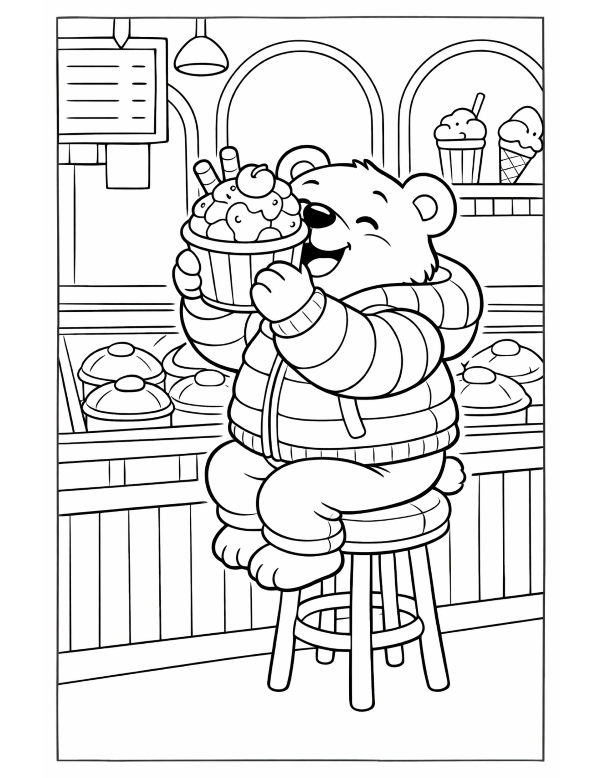 bear enjoying ice cream sundae coloring page, smiling bear holding a big sundae at an ice cream counter coloring page
