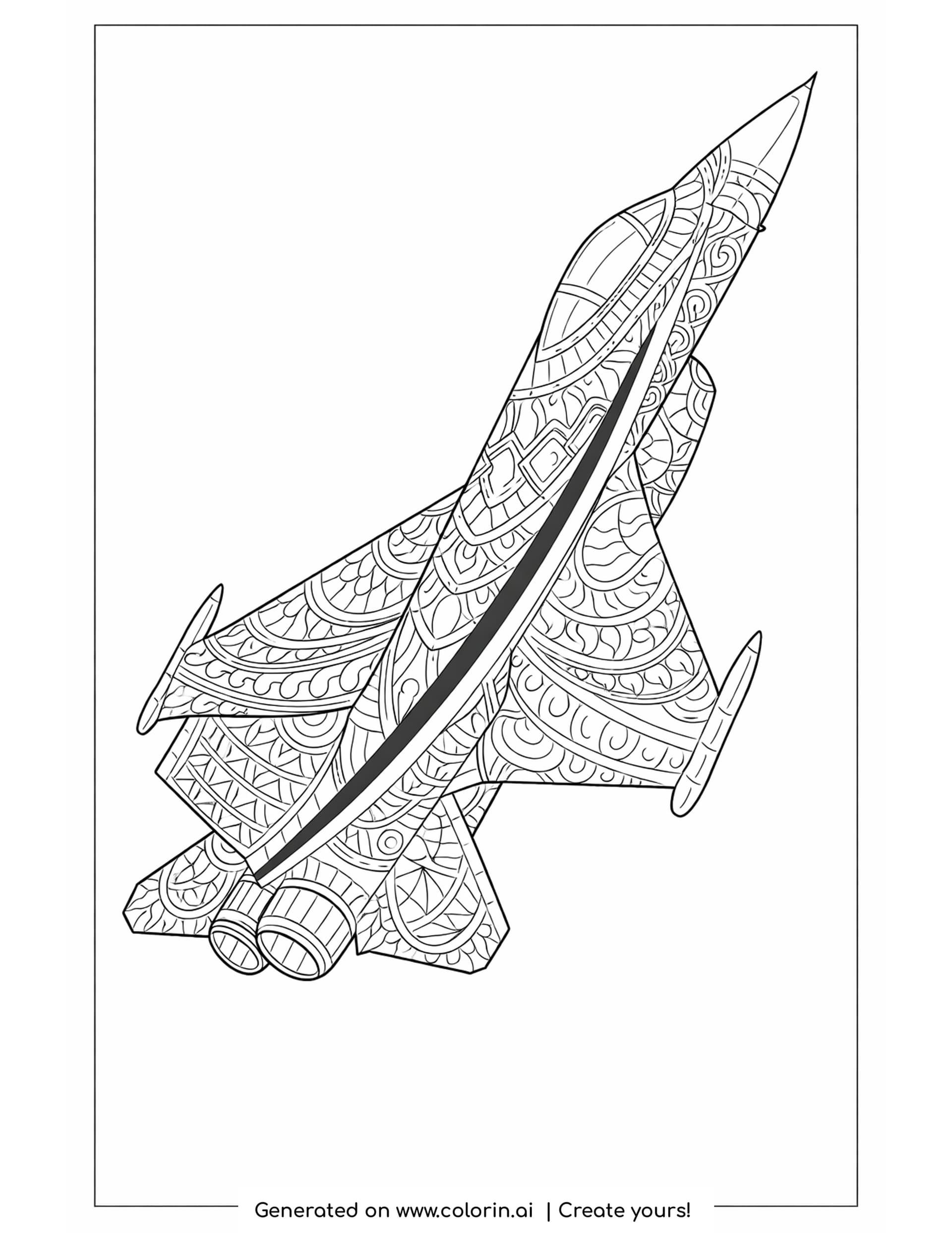 patterned jet coloring pages — fighter jet climbing steeply covered in flowing spiral and scallop patterns