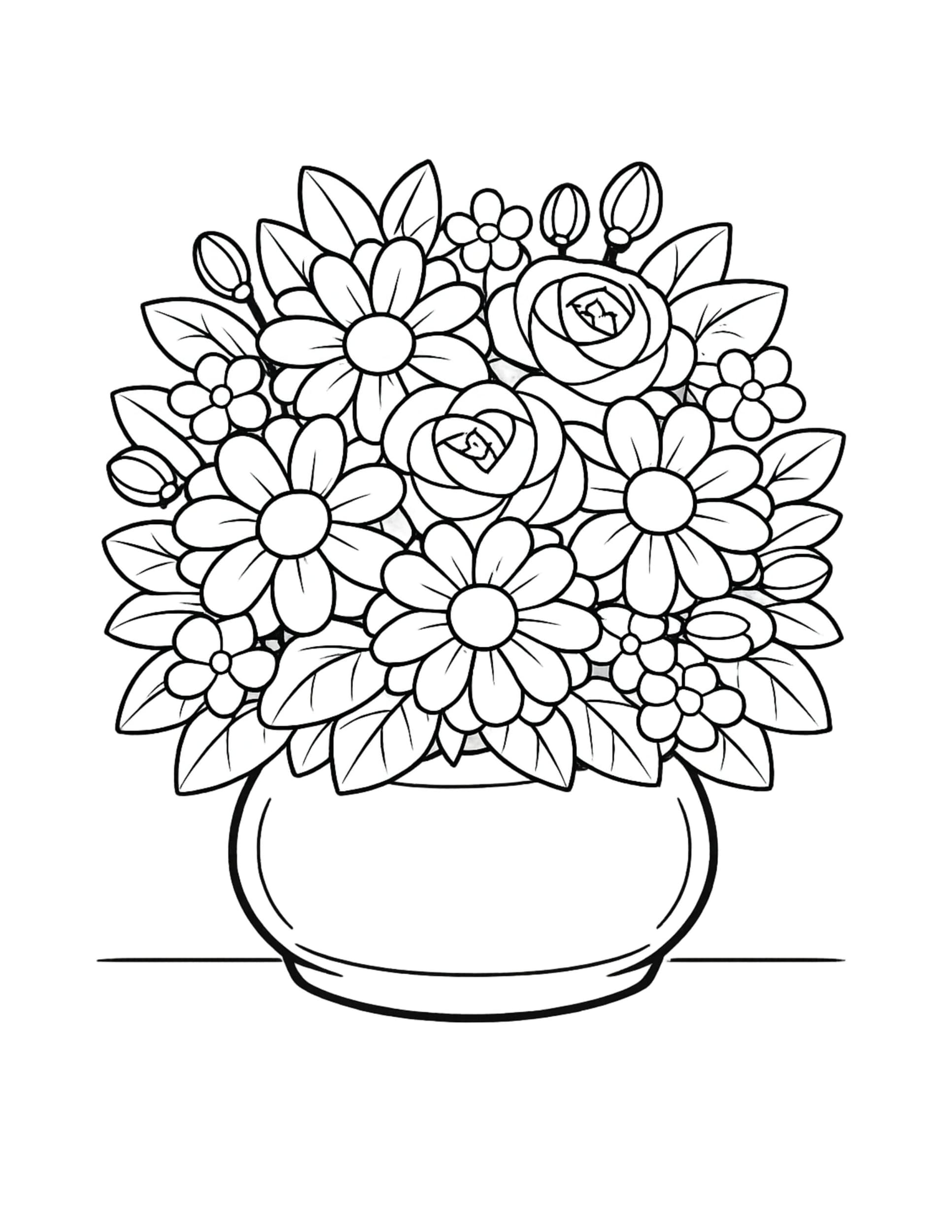 daisy and rose bowl bouquet coloring page with a round vase packed with flowers and leaves coloring page