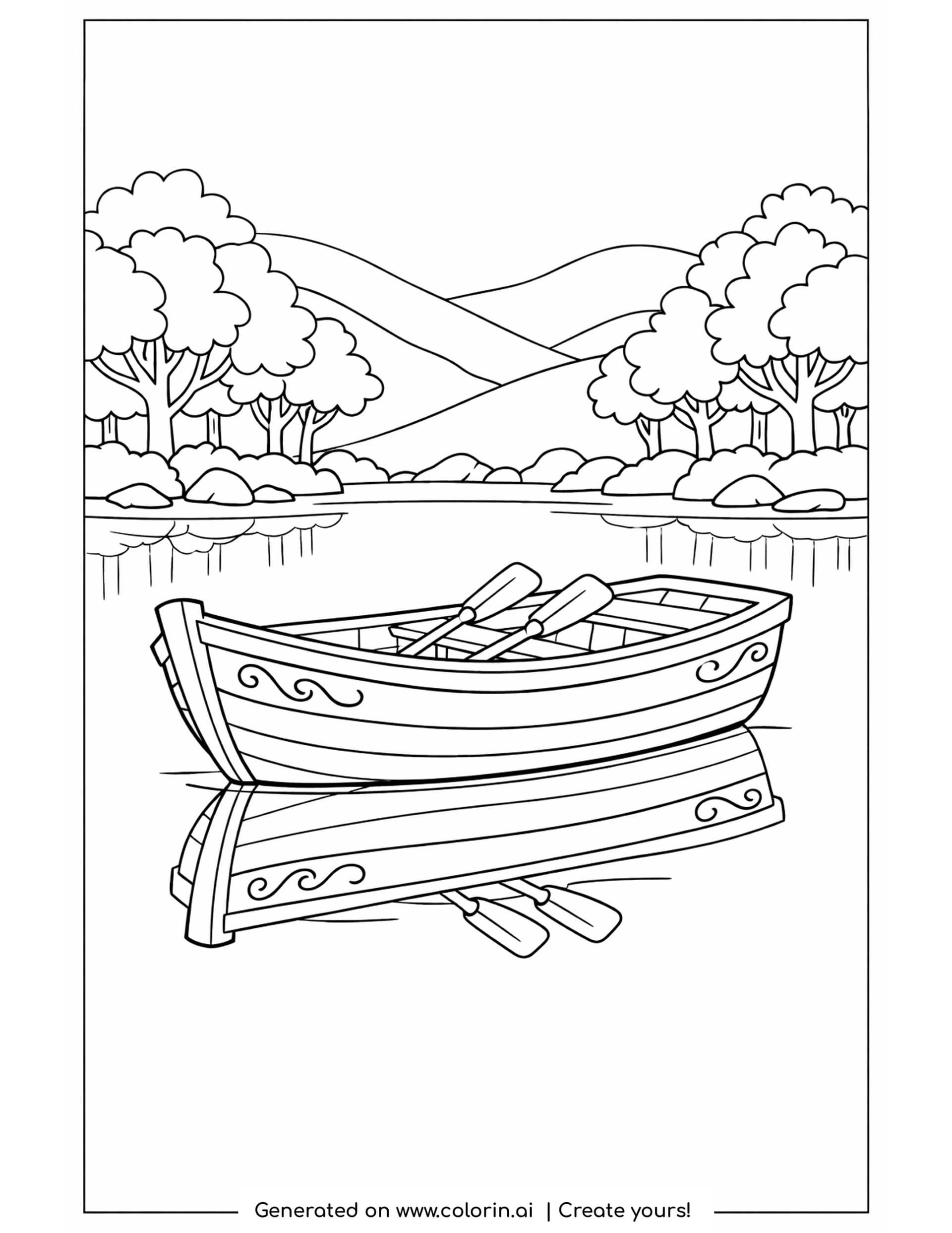 boat coloring page - a wooden rowboat with two oars on a calm lake, its reflection below and trees and hills behind