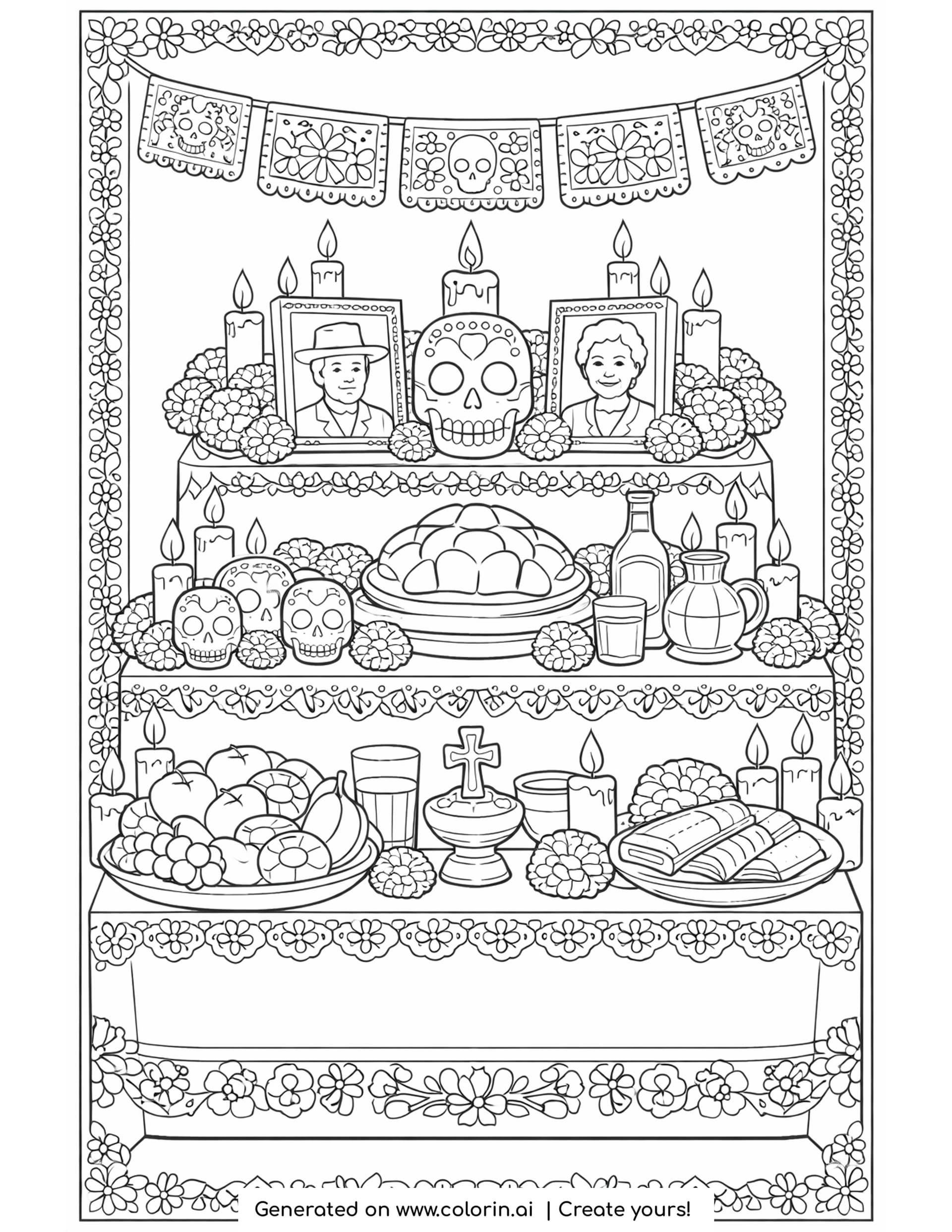 detailed ofrenda coloring pages, three tier altar packed with photographs, candles, sugar skulls, bread, fruit and marigolds