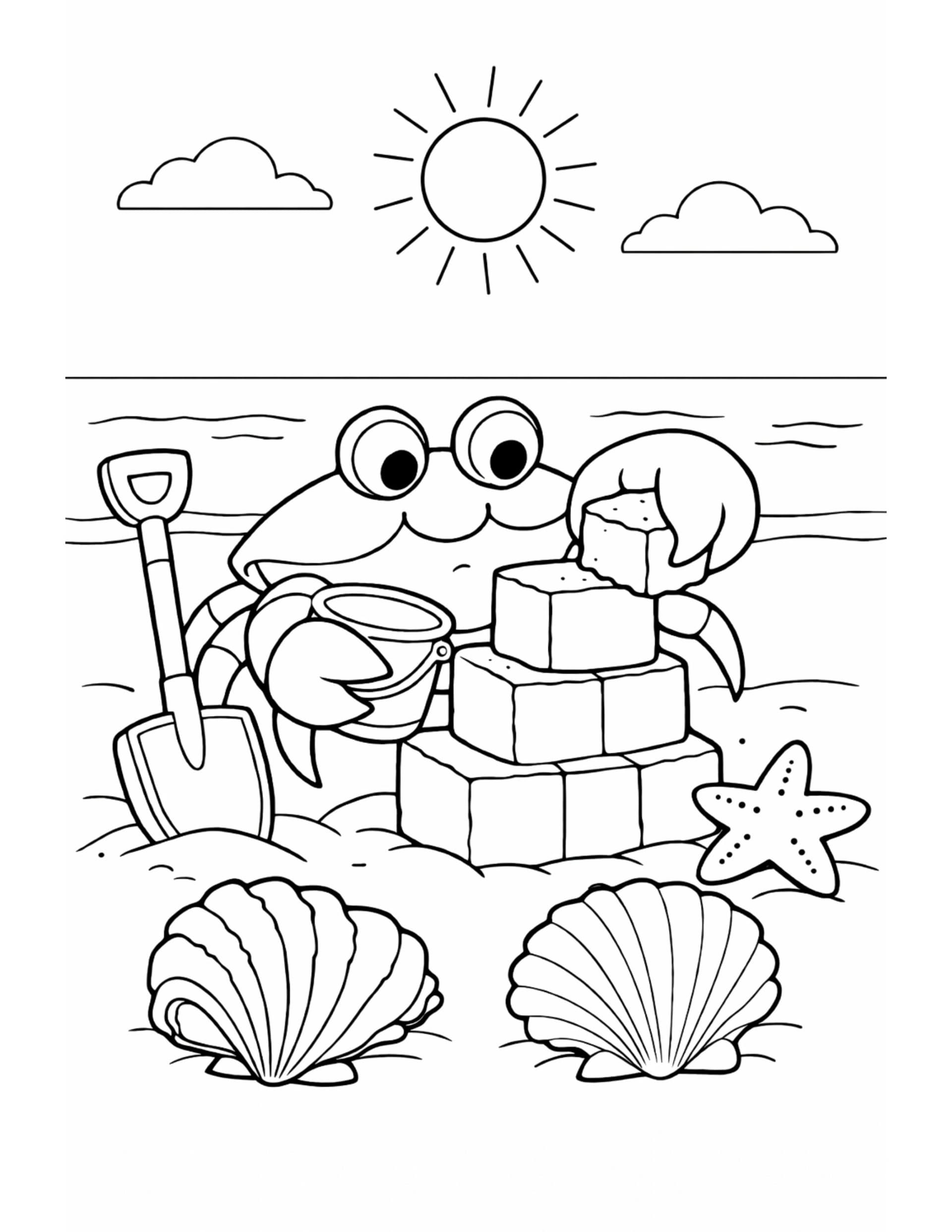 crab building sandcastle on beach coloring page with a shovel, bucket, shells, and a starfish coloring page
