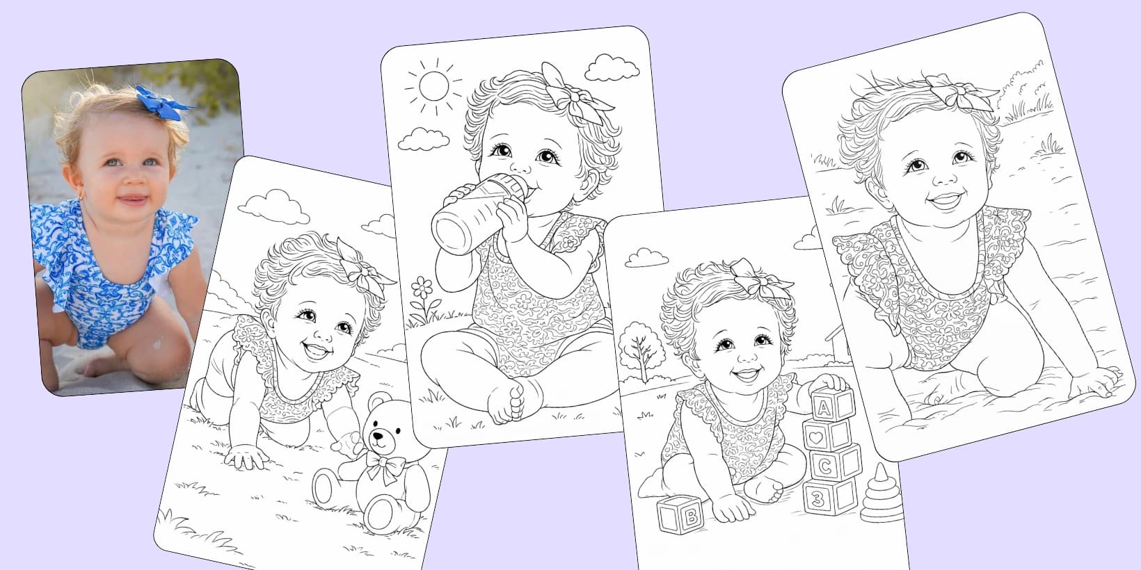 A baby photo beside four coloring book pages of the same baby in different scenes