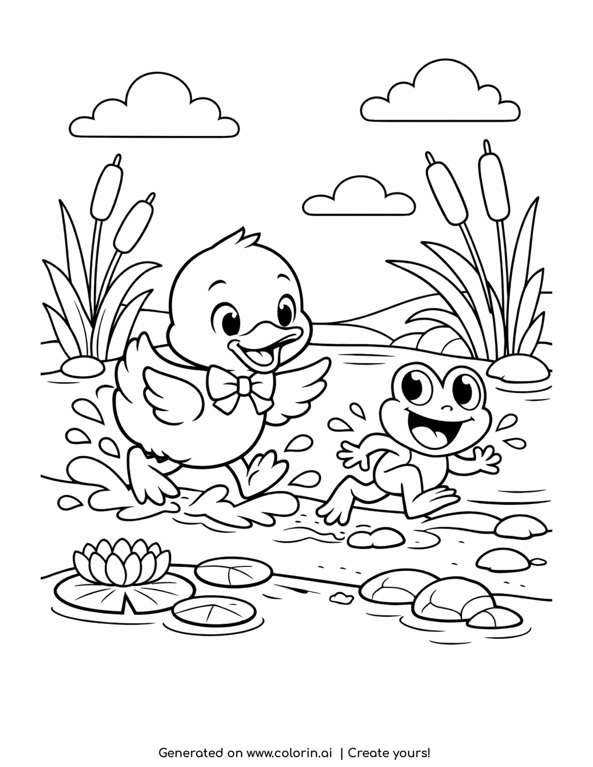 duck splashing after a frog coloring page with pond waves and lily pads