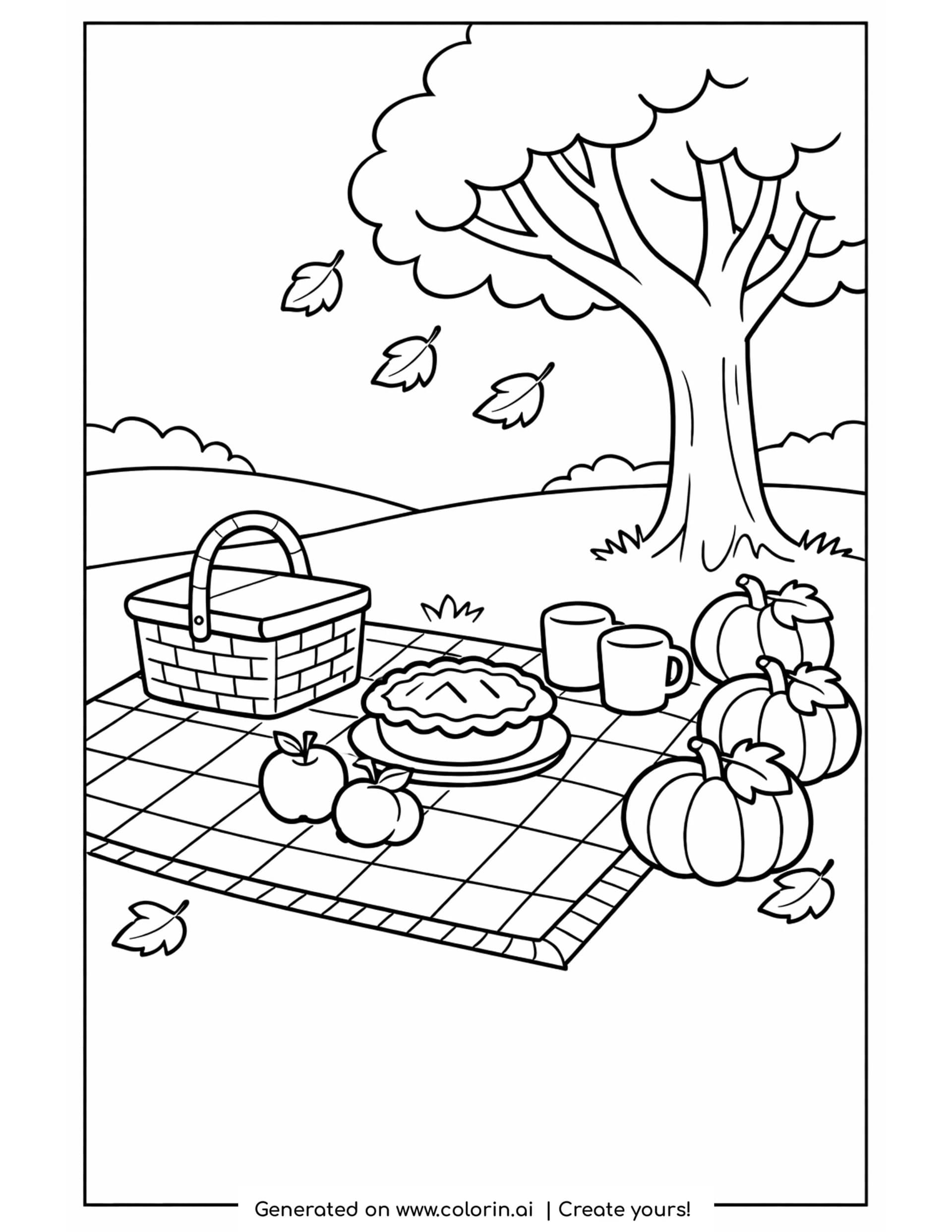 thanksgiving coloring pages for kids, an outdoor picnic blanket with a basket, a pie, two mugs, and pumpkins under a tree