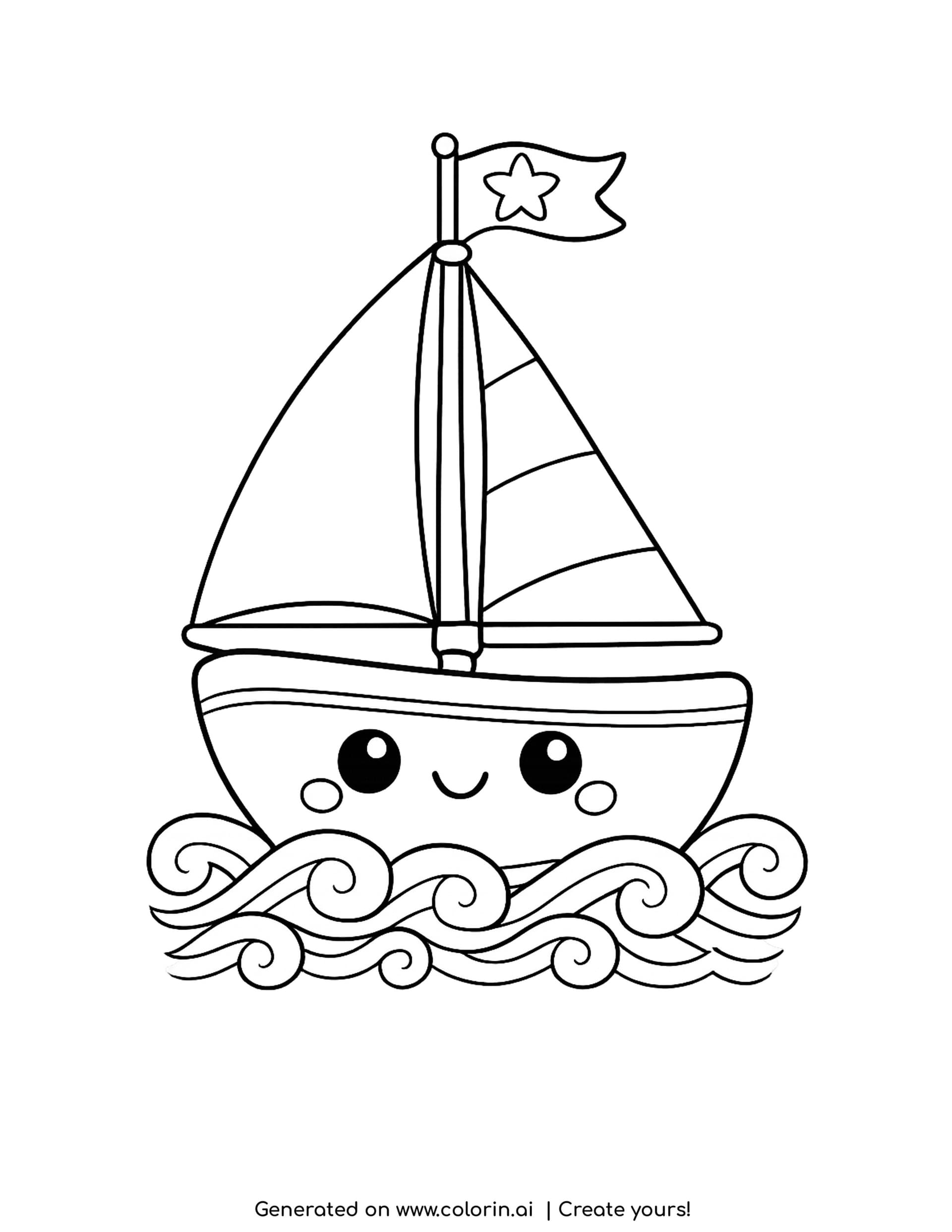 sailboat coloring page - a cute smiling sailboat with two sails, a tall mast and a star flag at the top, floating on curling waves
