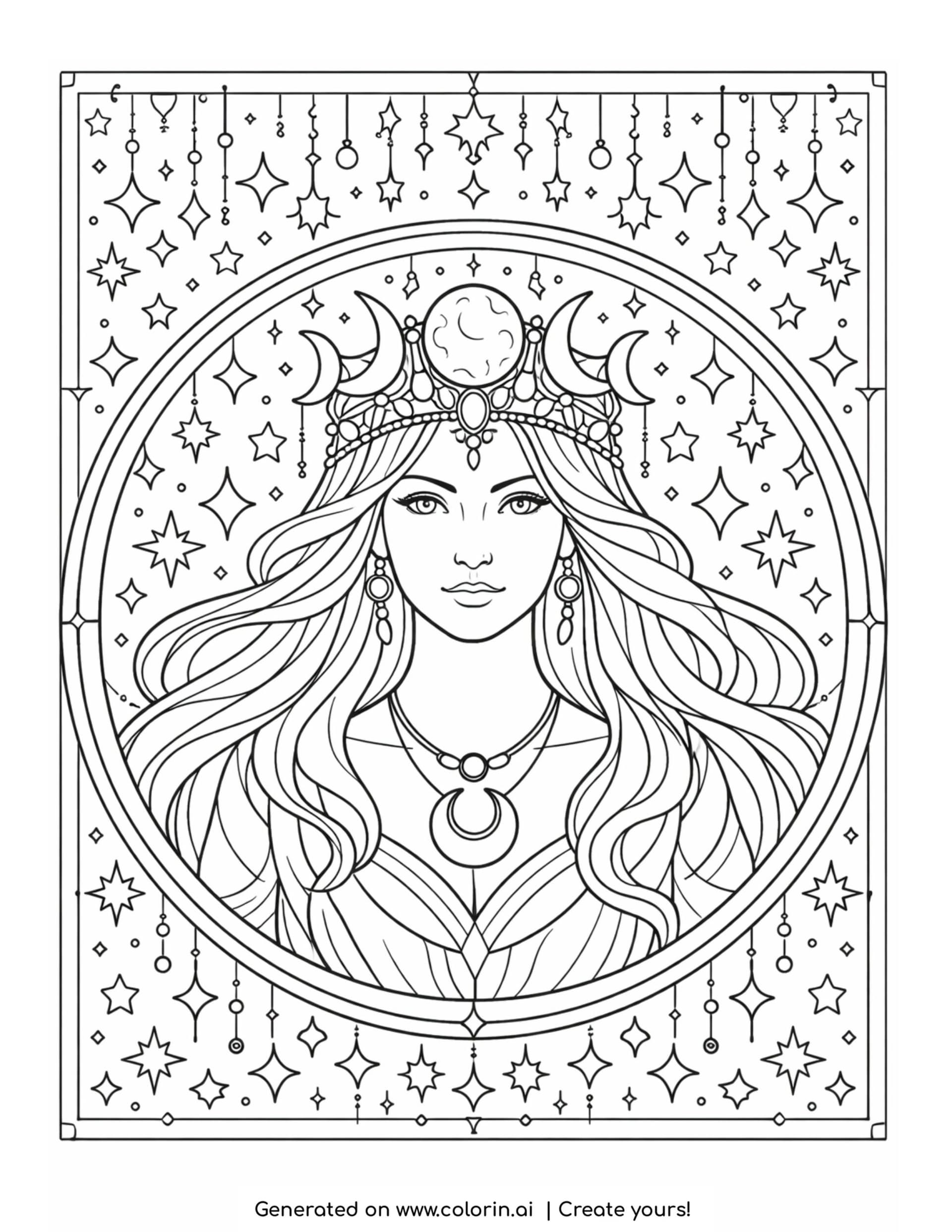 moon goddess in celestial frame coloring page with stars and crescent moons