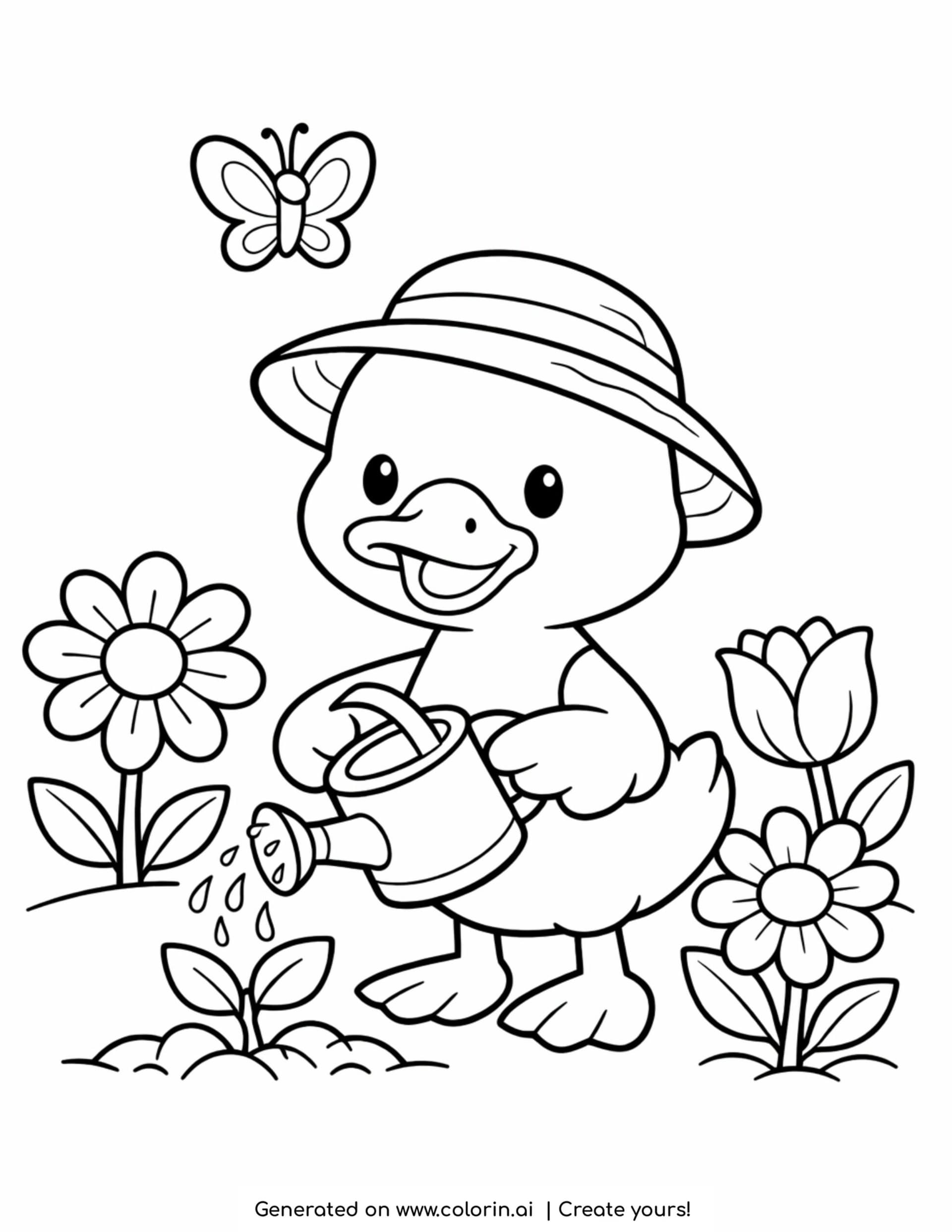 duck watering flowers with butterfly and garden plants coloring page