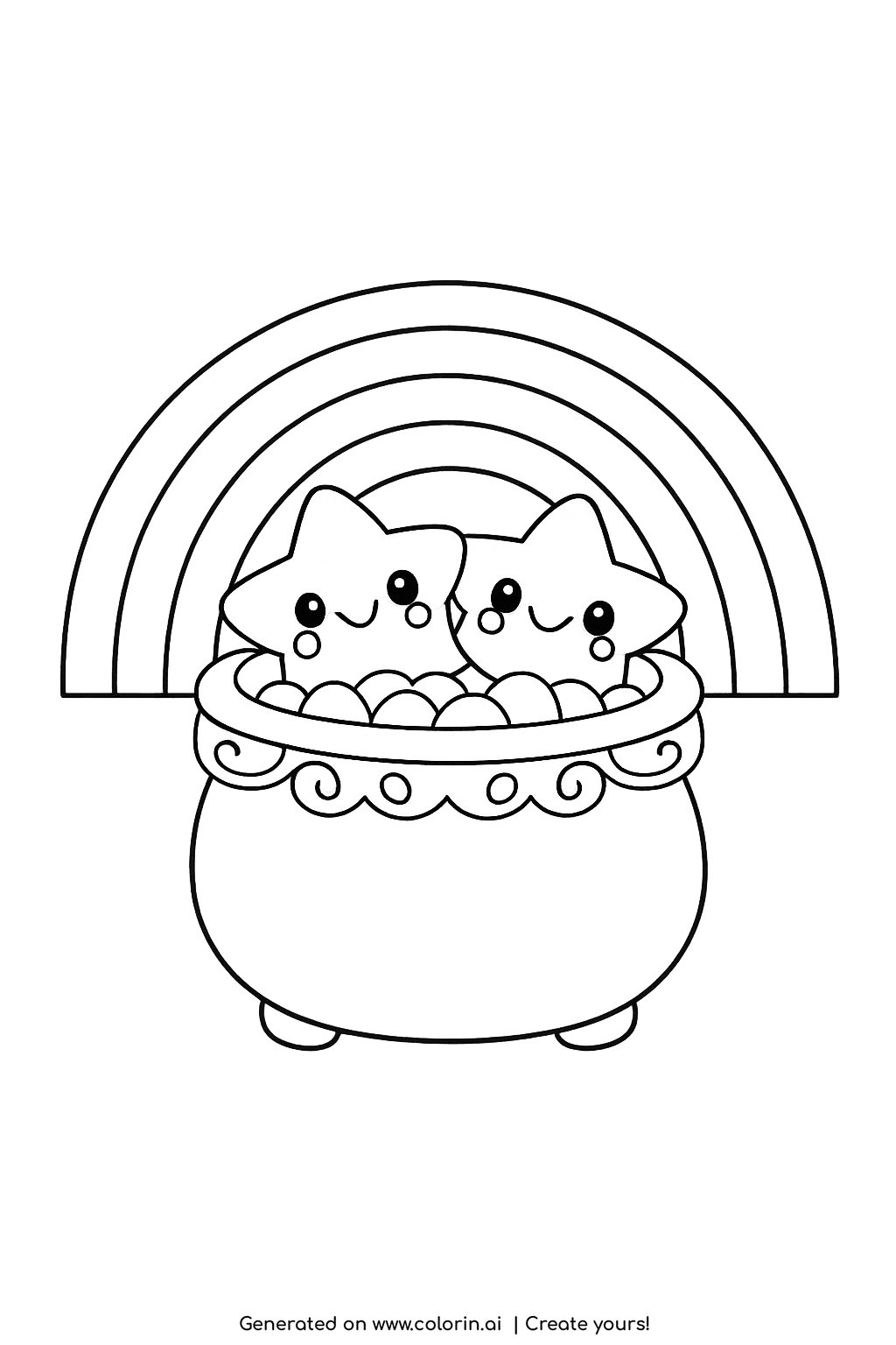 cute rainbow coloring pages, a happy rainbow ending in a little pot brimming with grinning star shapes