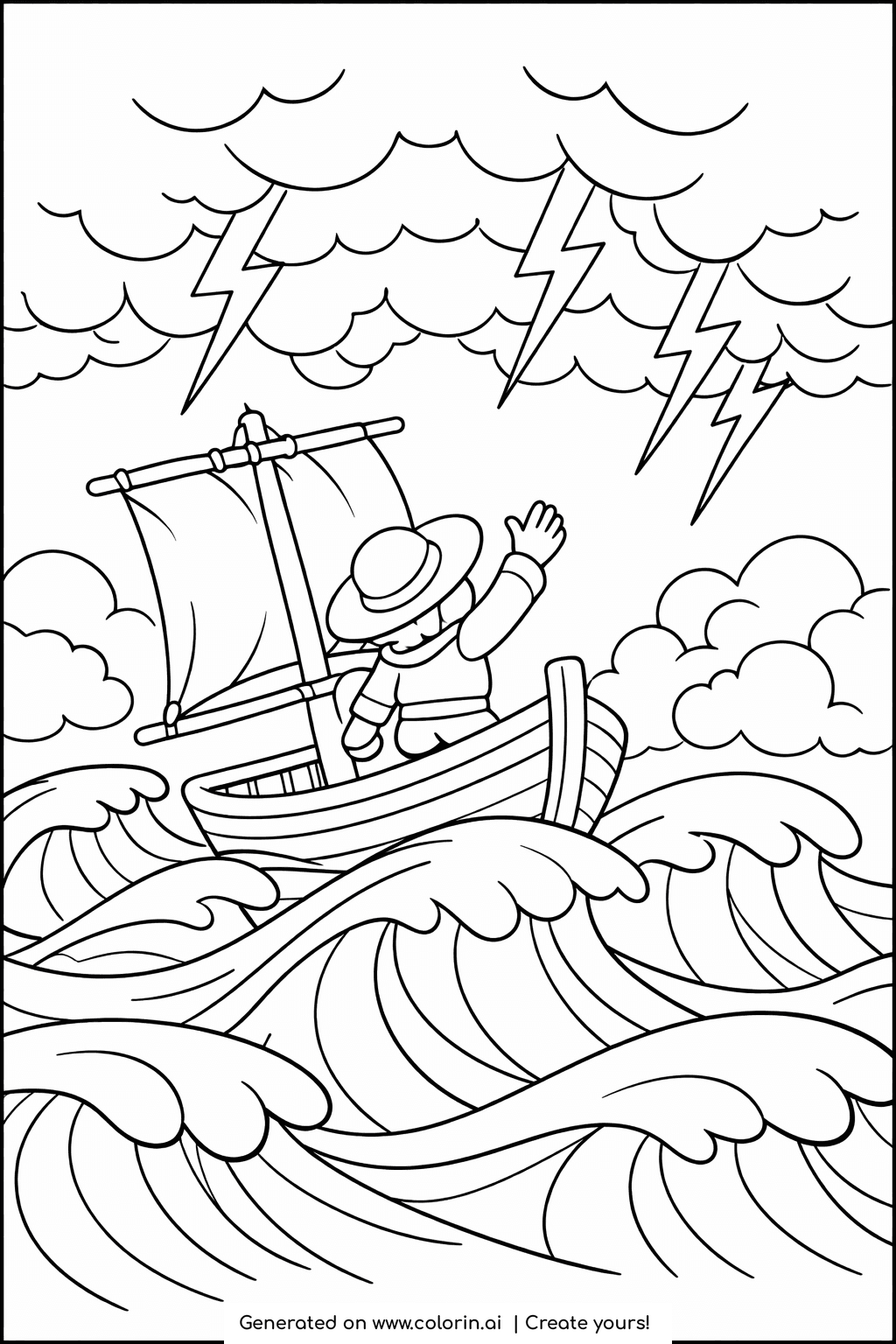 bible coloring pages for kids, a small boat on stormy waves with lightning as Jesus raises a hand to calm the sea