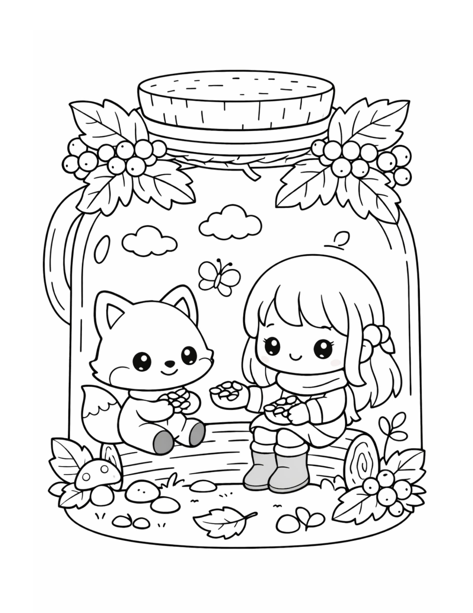 girl and fox sharing berries coloring page inside a cozy jar with leaves and mushrooms coloring page
